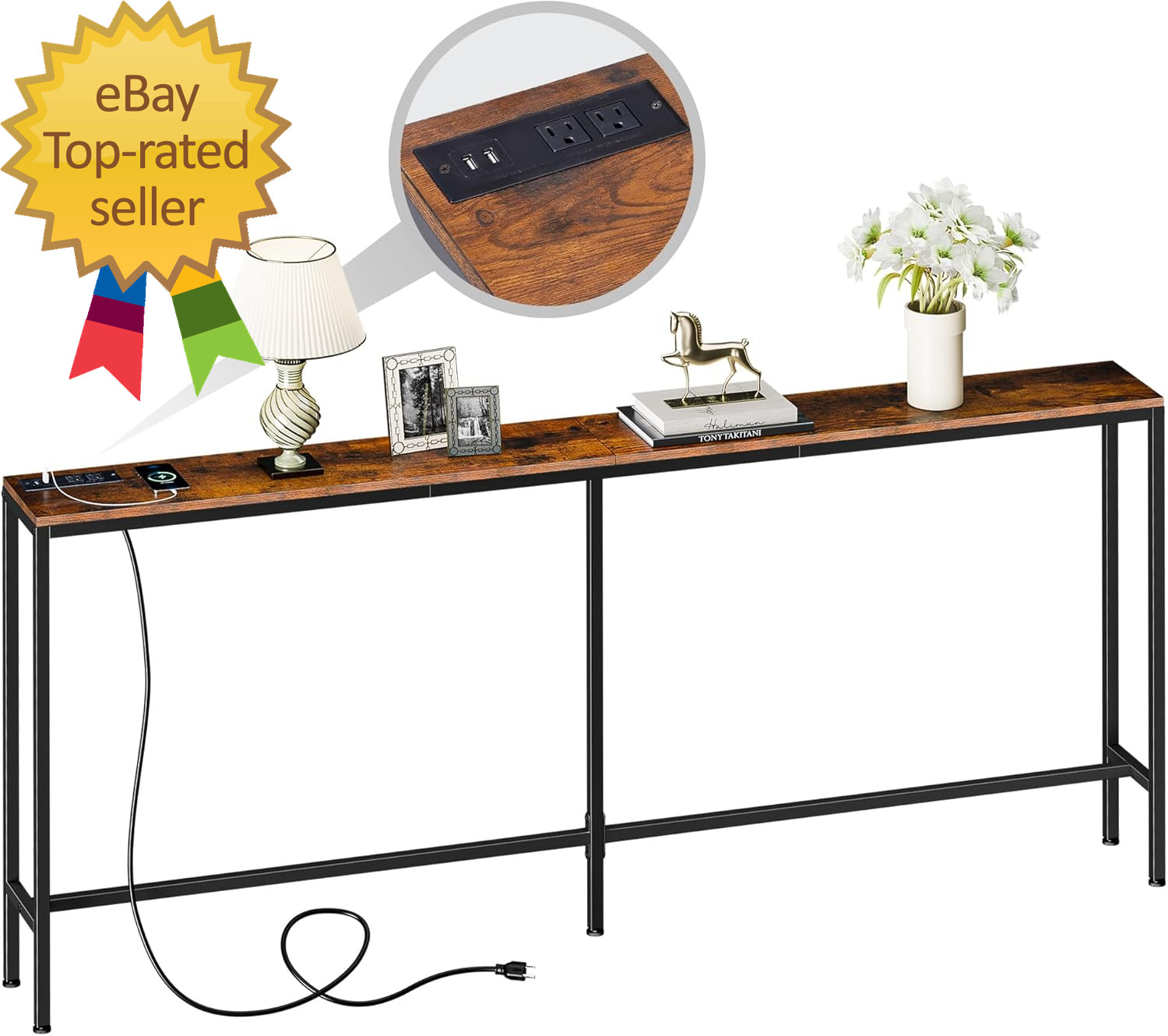 70.8 Inch Narrow Console Table with Power Outlet Industrial Long Sofa Table with