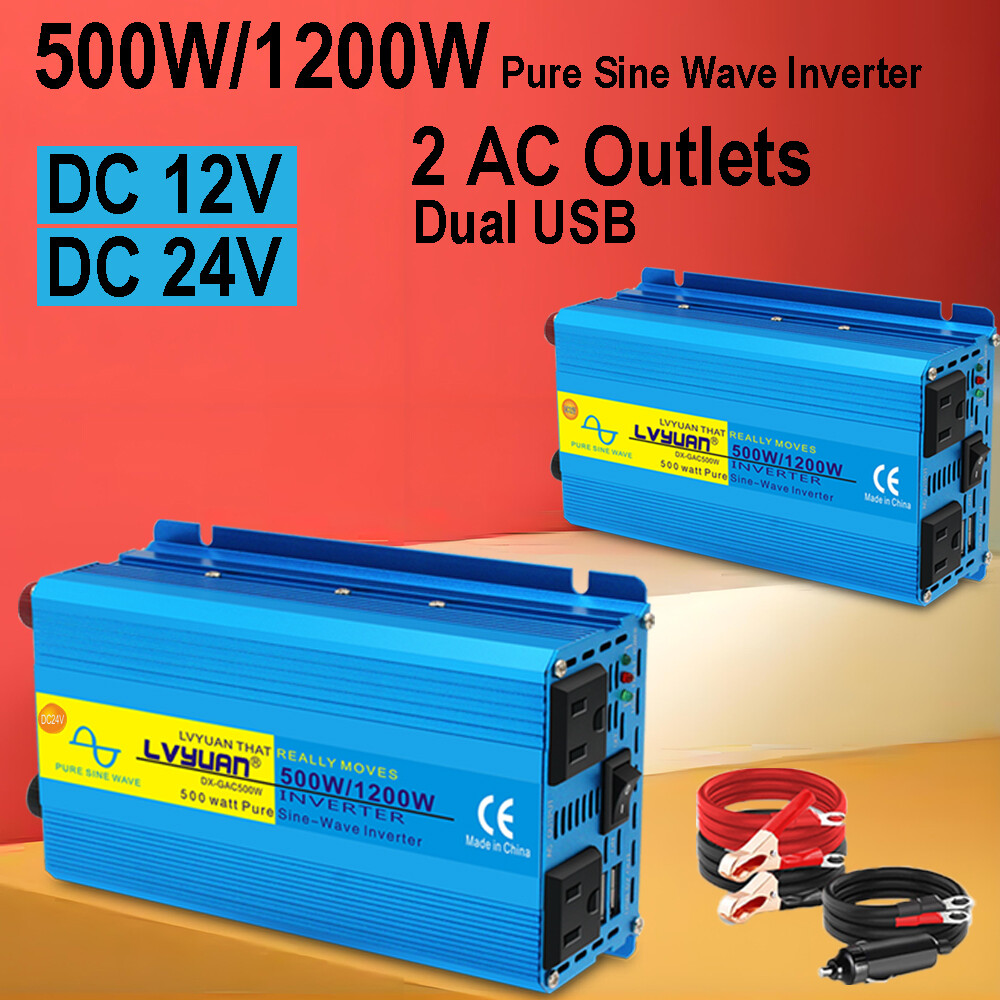 500W Pure Sine Wave Power Inverter DC 12V / 24V to AC 110V 120V Truck Converter