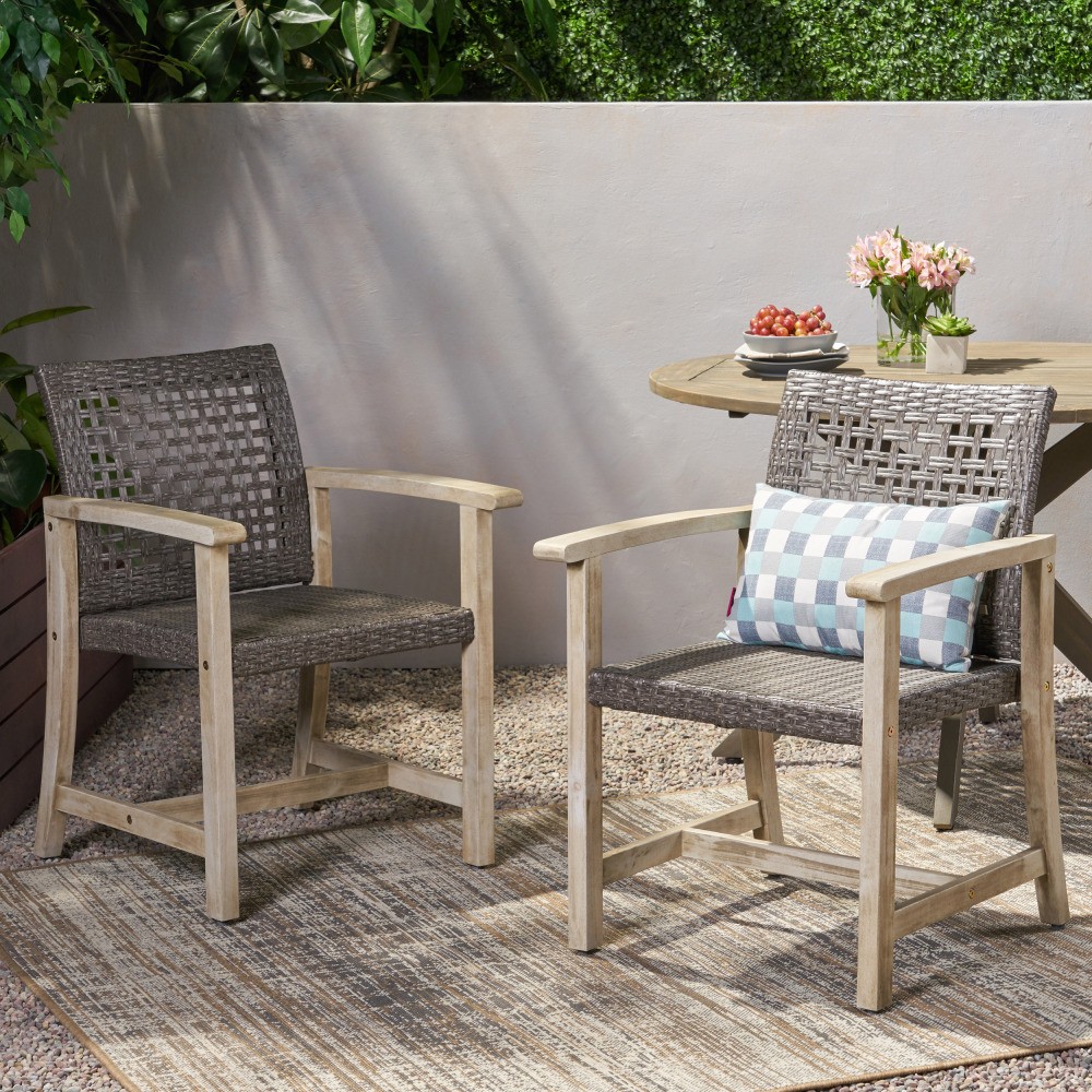 Acacia Wood Wicker Dining Chair Set of 2 Black Grey Rattan Outdoor Patio