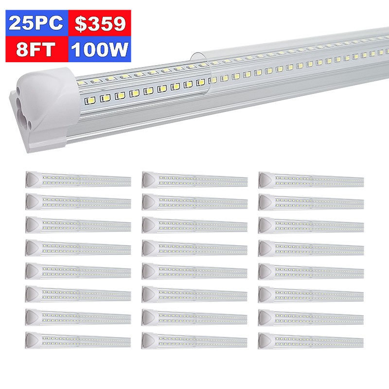 25 Pack 8FT 100W Led Tube Light 8 Foot Led Shop Light T8 Integrate 2 Row Fixture