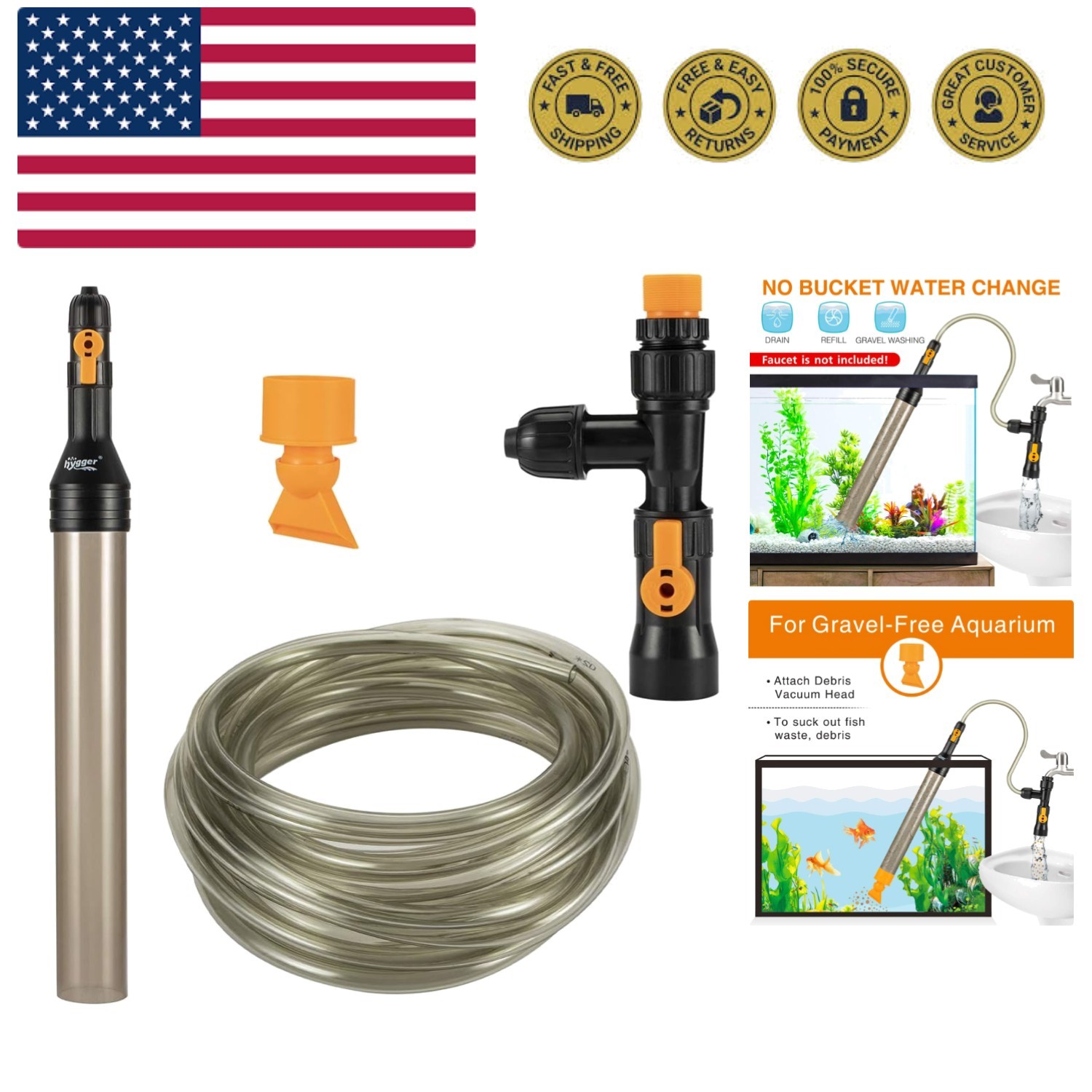 Bucket-Free Aquarium Water Change Kit Fish Tank Auto Siphon Pump Gravel Clean...