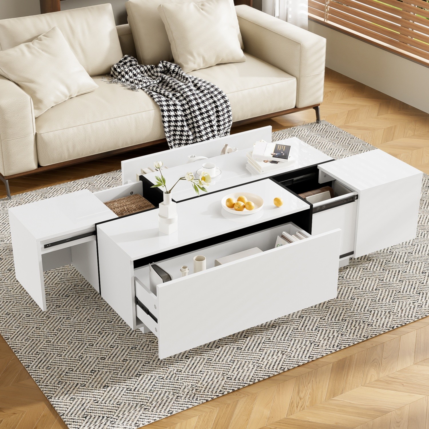 Modern Coffee Table Side End Table Extendable Sliding Top w/ Hidden Storage