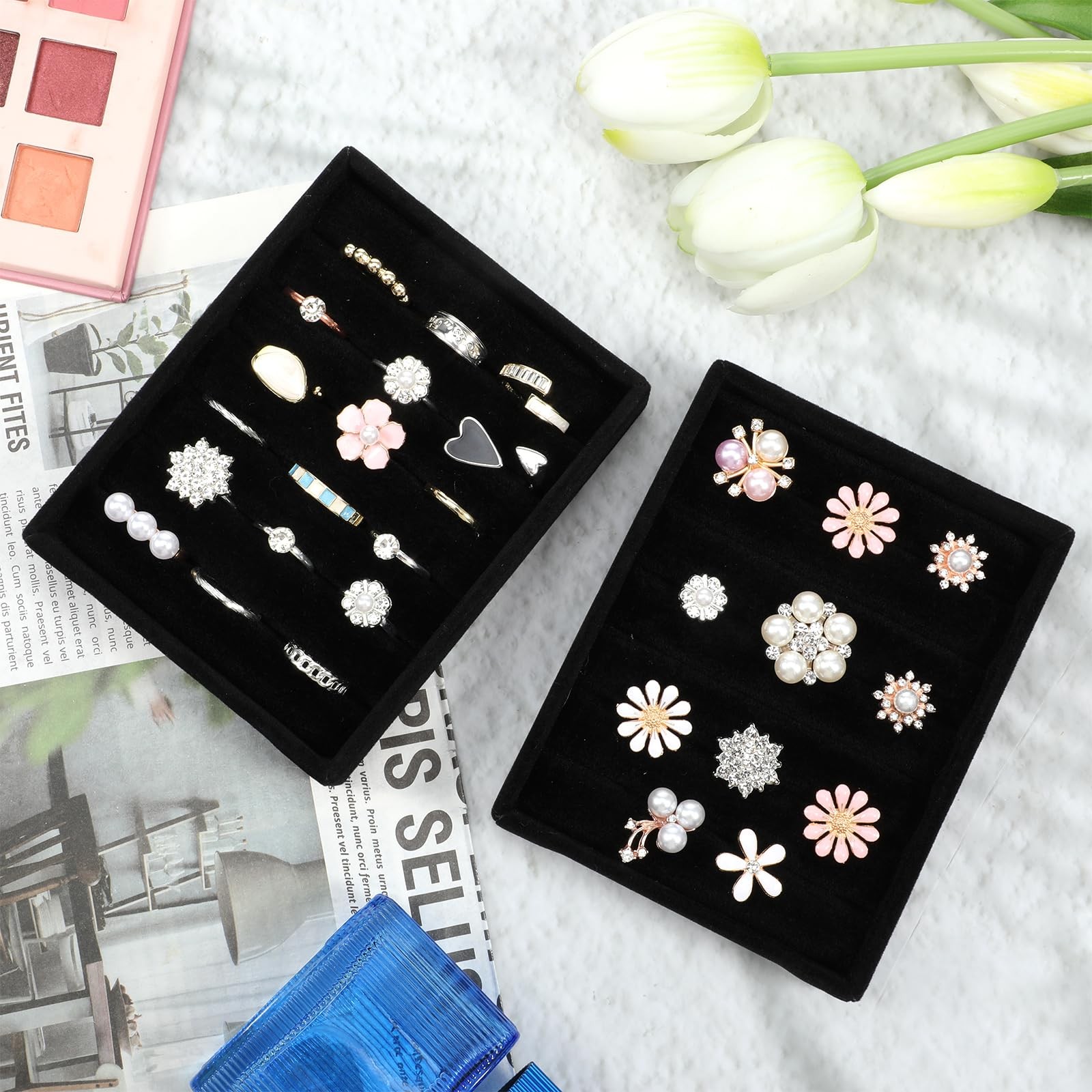 Xyembu 2 PCS Black Velvet Stackable Ring Organizer Tray, Earrings