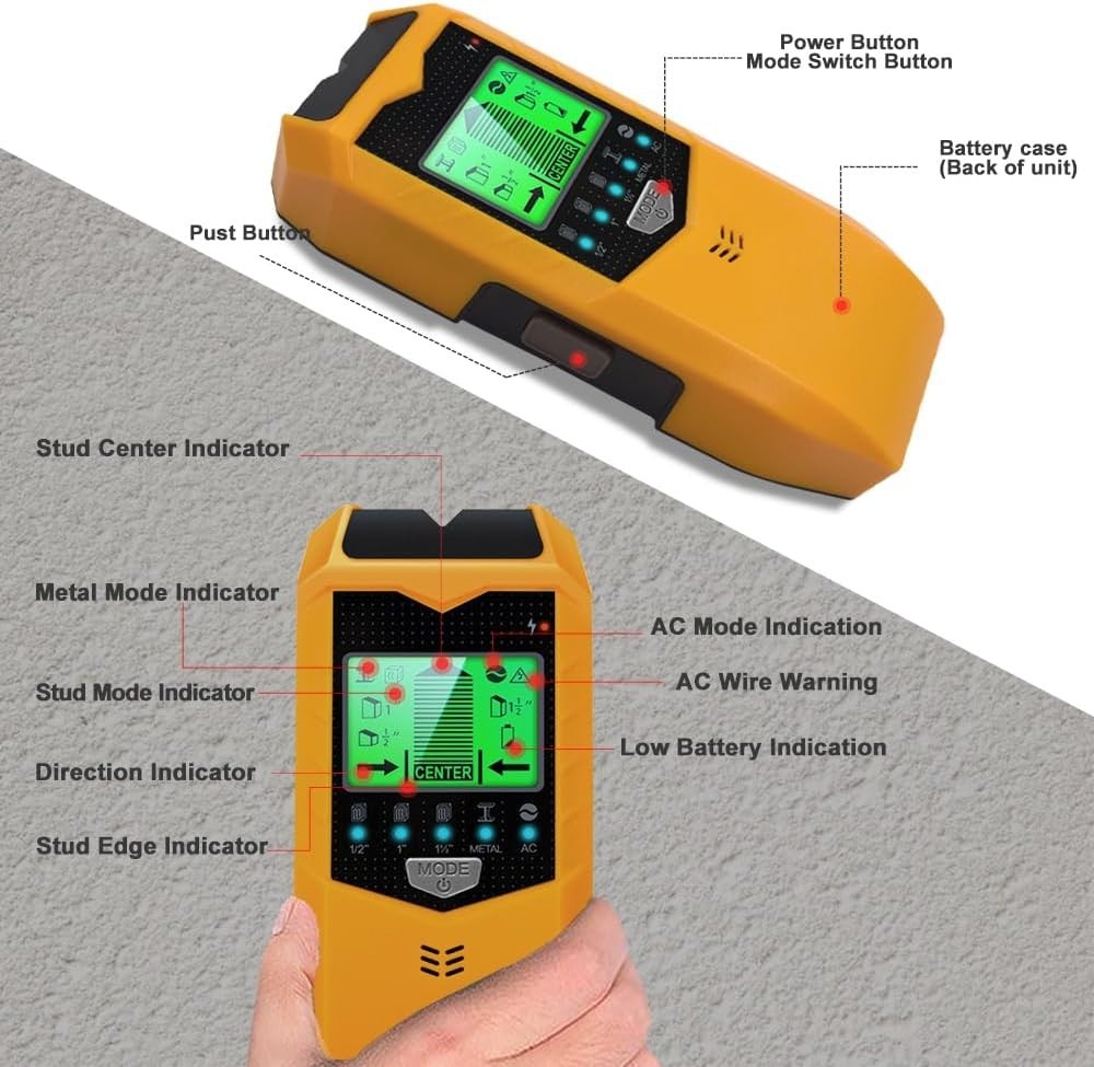 Stud Finder Wall Scanner, 5-in-1, Live Wire Detection, HD LCD Display