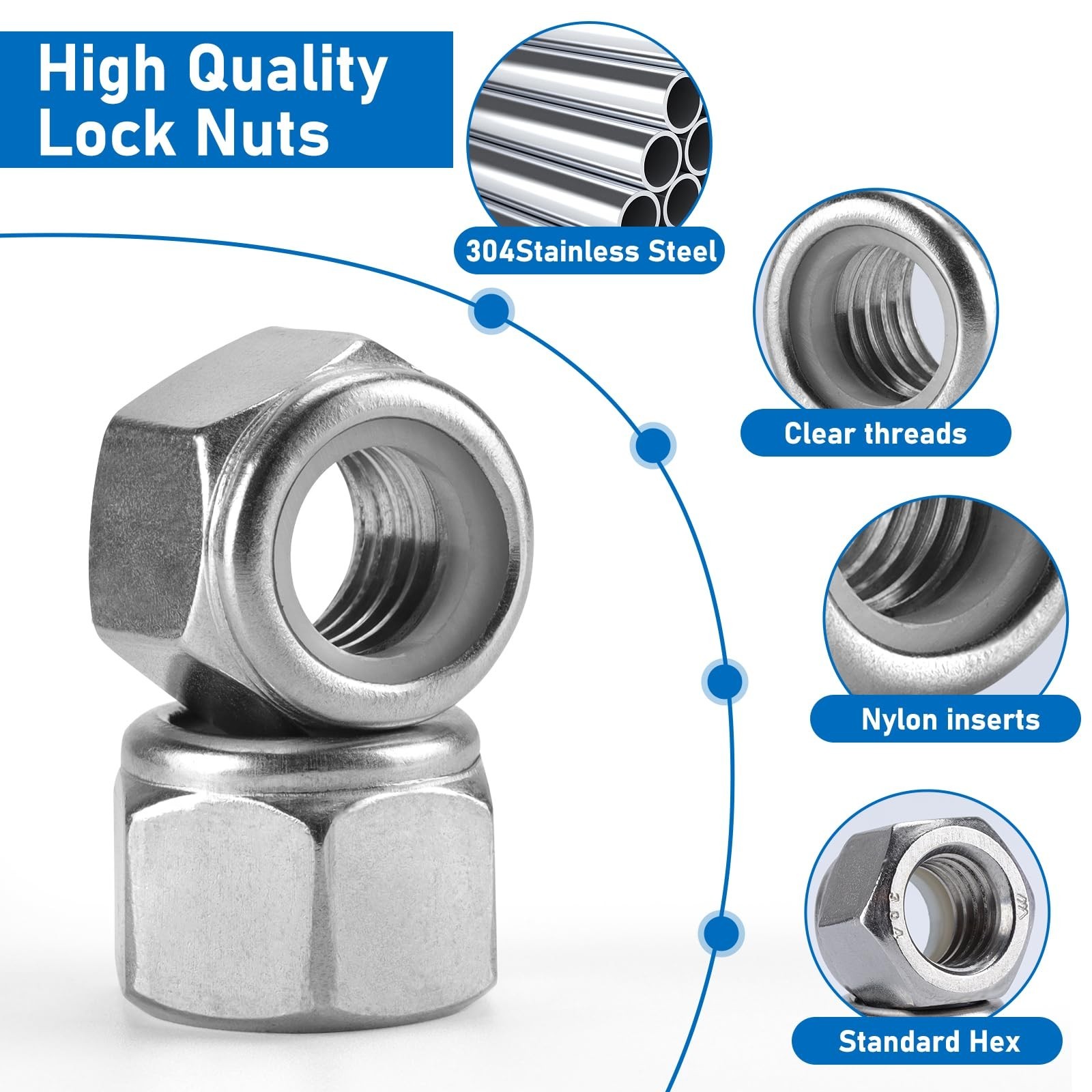 100 Pack #10-24 Lock Nuts, 304 (A2-70) Stainless Steel Nylon Insert Locknuts,...