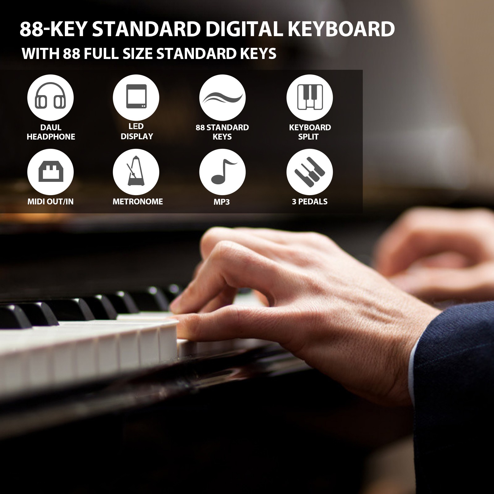 MUSTAR Black 88Key Fully Weighted Hammer Action Digital Piano Keyboard w/3-Pedal