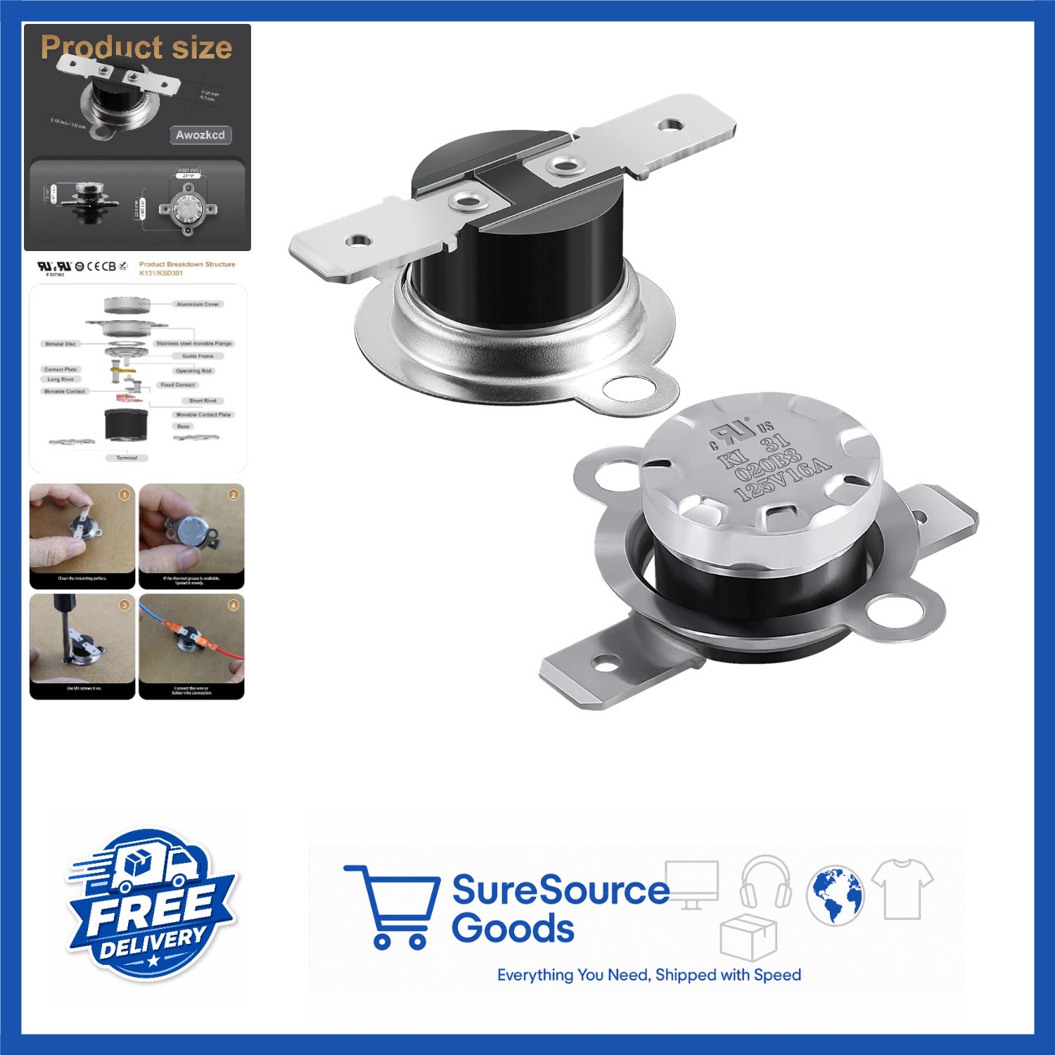 KSD301 Thermal Switch 125V 16A Normally Closed 2 pcs for Low-Temperature Heating