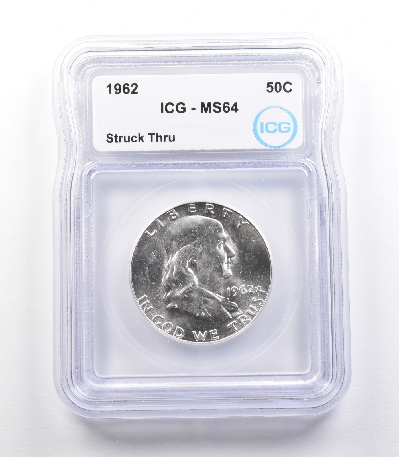 1962 Franklin Half Dollar Mint Error Struck Thru MS64 ICG *2365