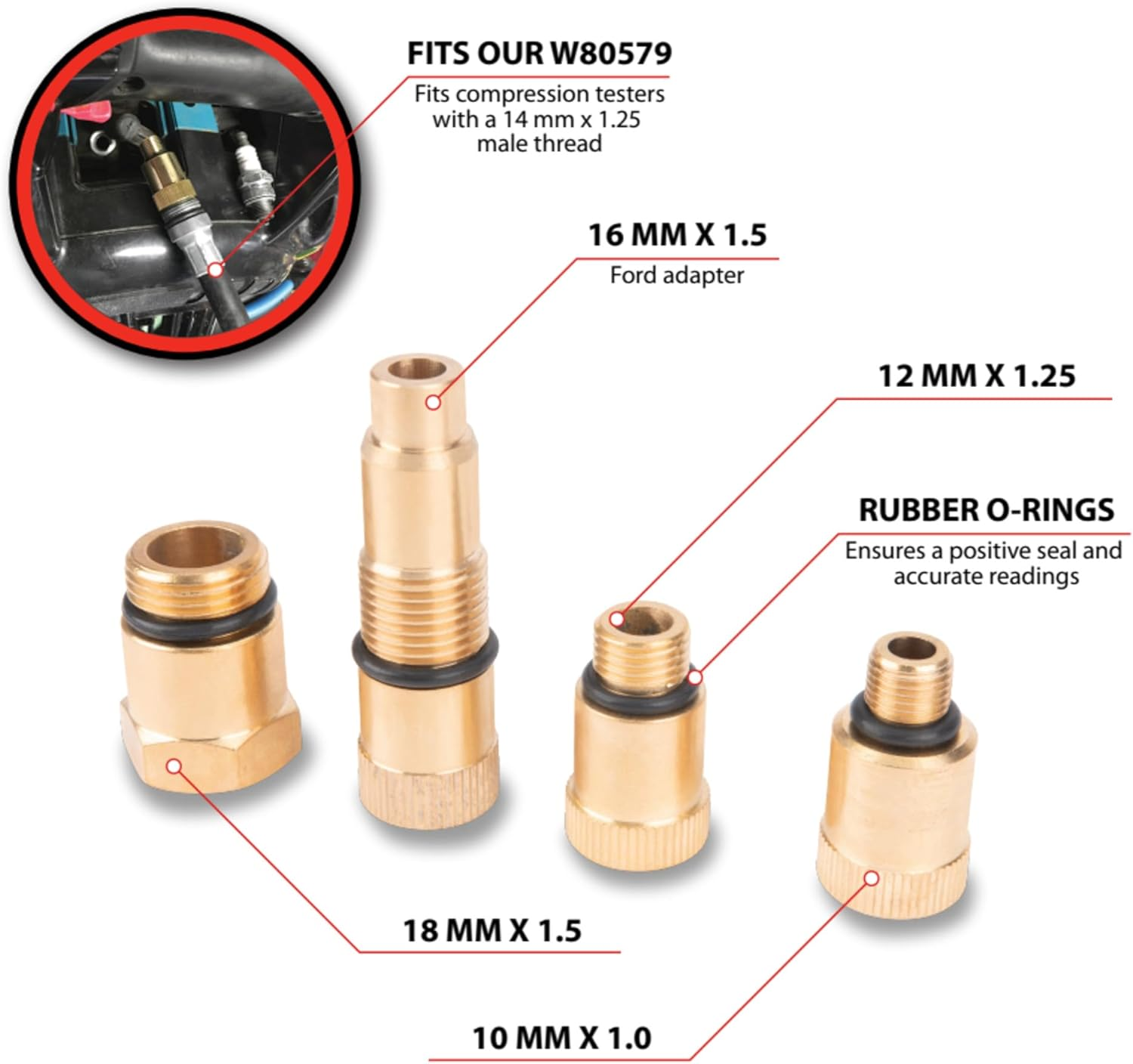 Performance Tool W80577 Compression Tester Spark Plug Adapters Set