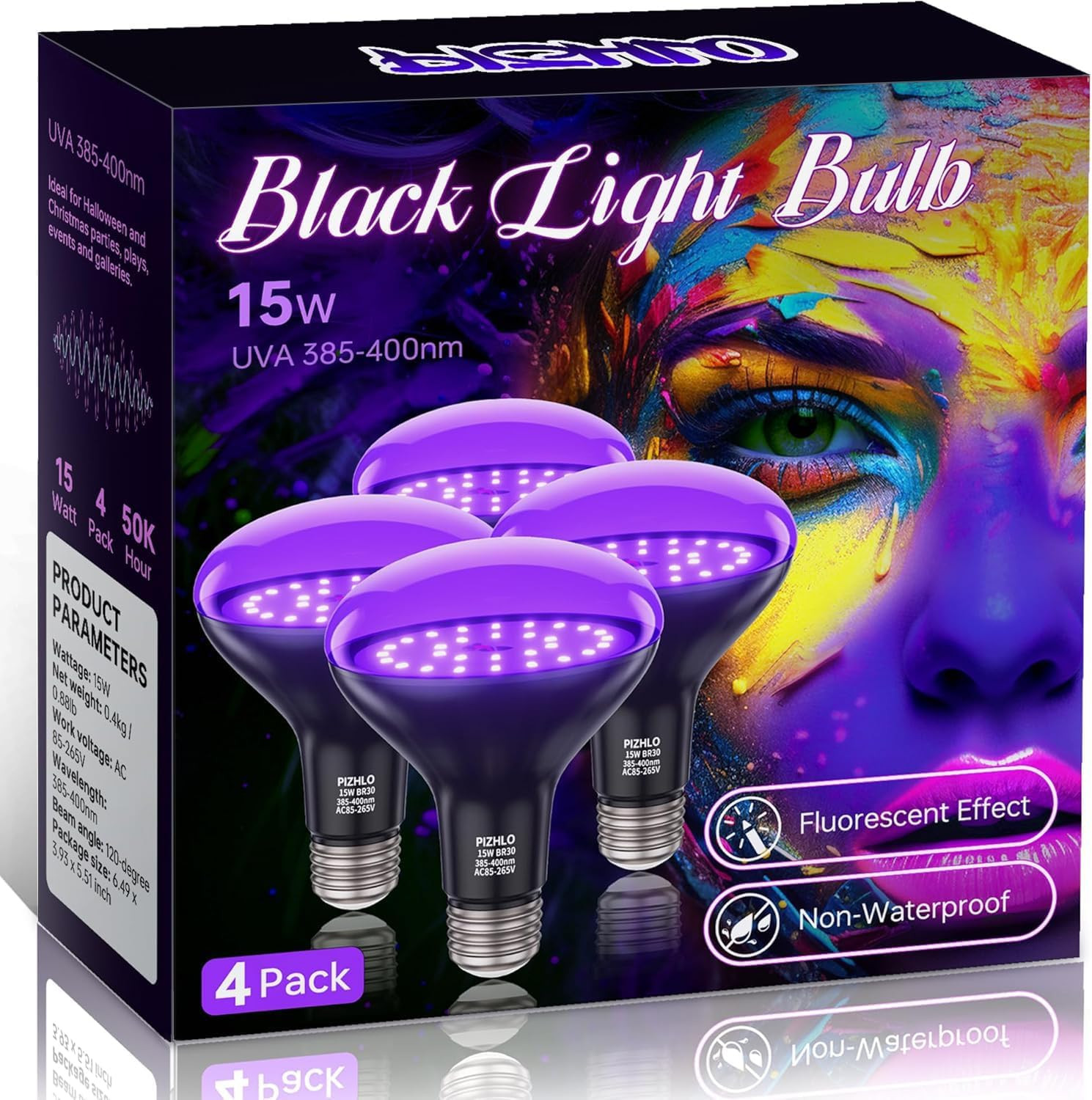 4 Pcs 15W LED Black Light Bulbs, BR30 E26 Black Shell Blacklight LED Bulb, 385-4