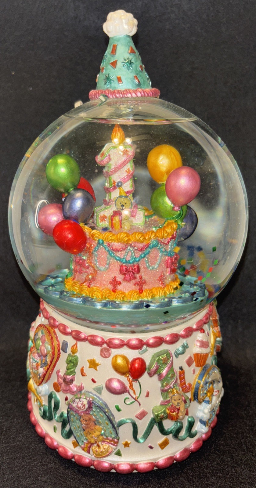 Christopher Radko 1st Birthday Musical Waterglobe 8.5” Tall Water Snow Globe