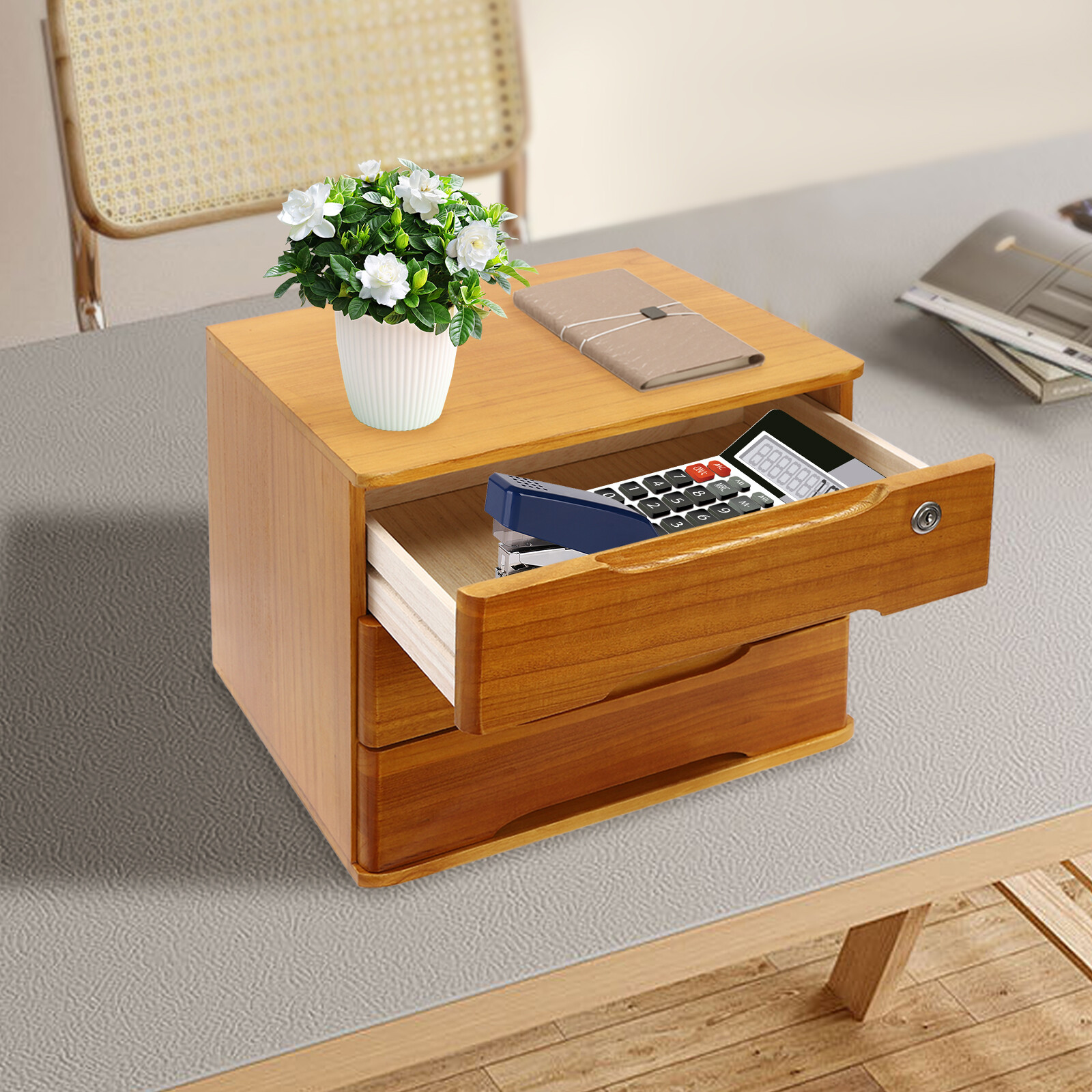 Modern Rectangle 3-Tier Desktop Storage Box Organizer with Lock Filing Cabinet