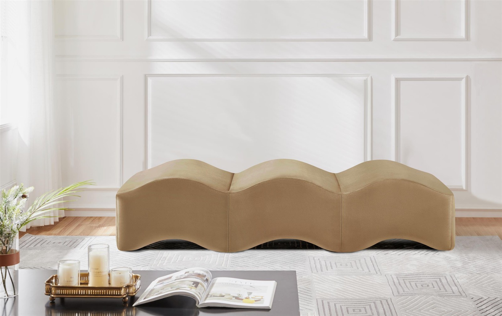 Meridian Furniture Wave Beige Velvet Bench