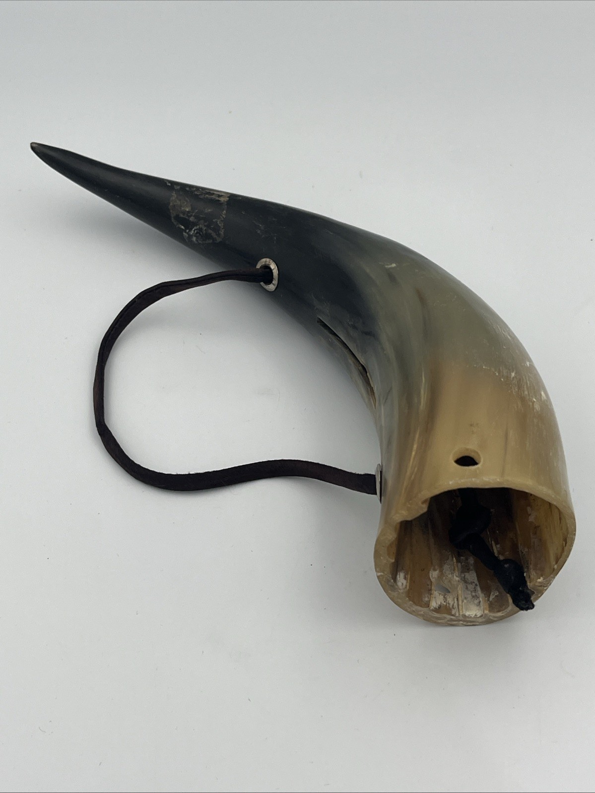 Vintage Cow Horn Powder Horn 10" Leather Strap Slot Muzzleloader Hunting Decor