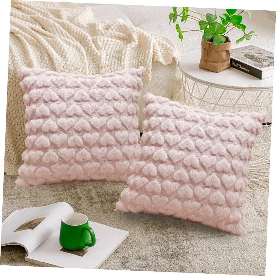 Valentines Day Pillow Covers 18x18in Set of 2, Plush Fluffy Pillow Case 3D Pink