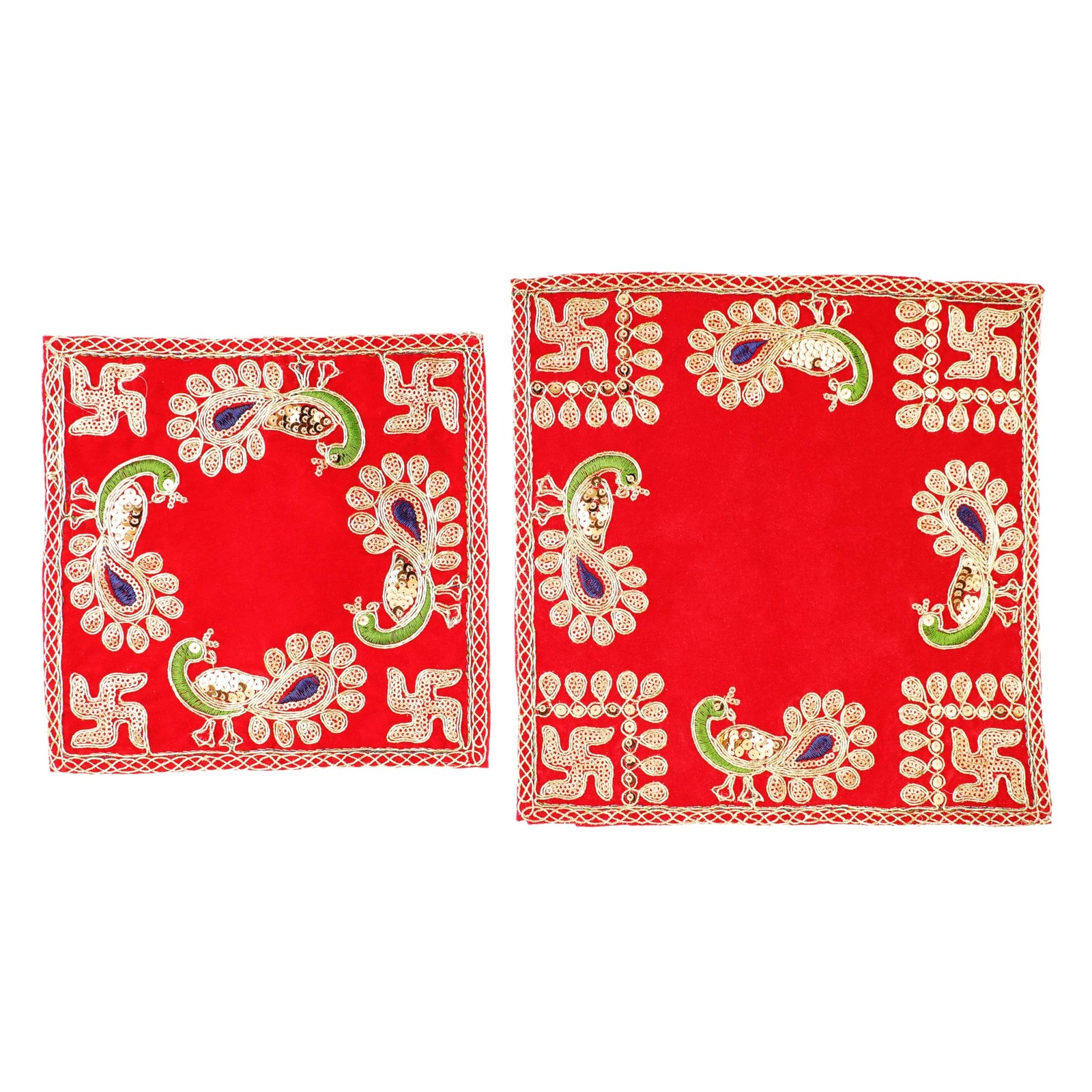 Red Velvet Pooja Mat Aasan Set of 2 Decorative Puja Cloth Item for Multipurpo...