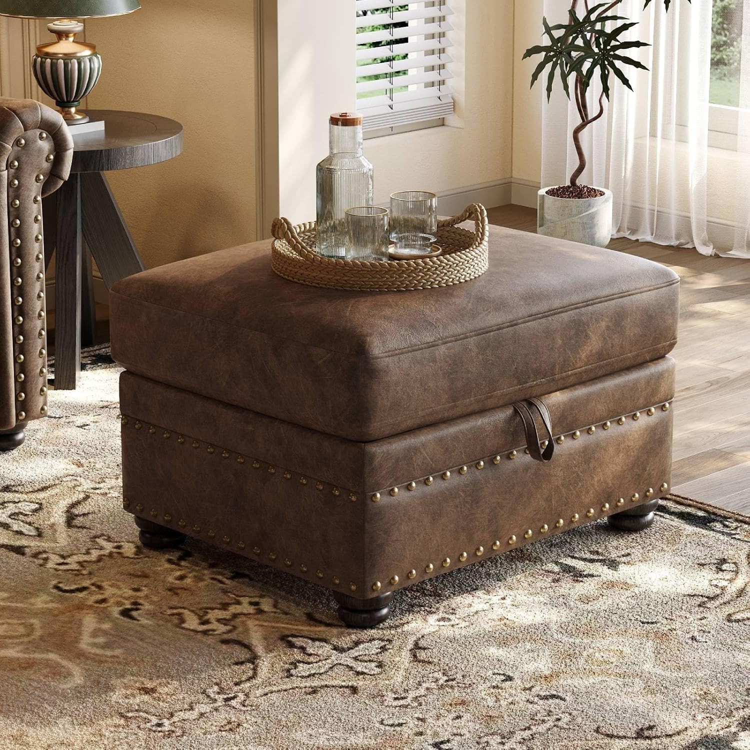 Faux Leather Ottoman with Storage, Rectangle Ottoman Coffee Table with Nailhead