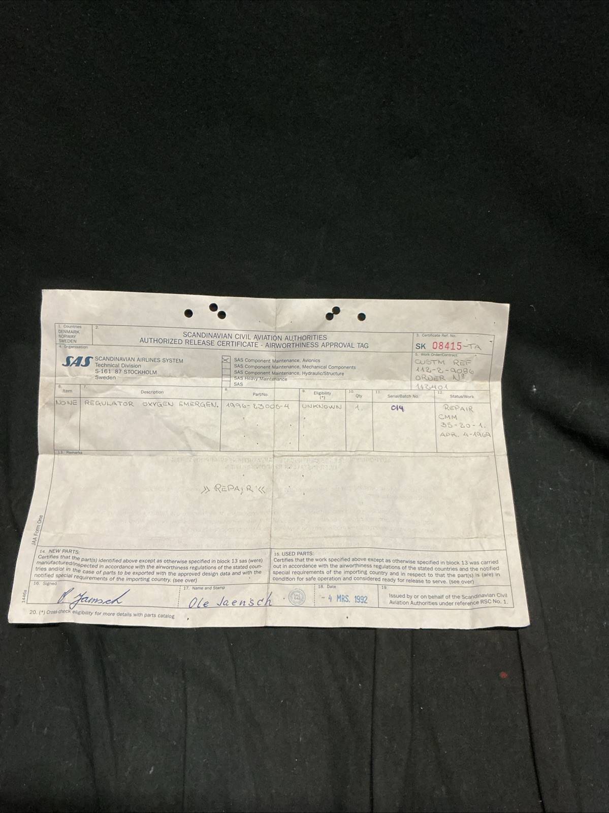 Oxygen Regulator; MPN 1996-23005-4; S/N 014; Serviceable