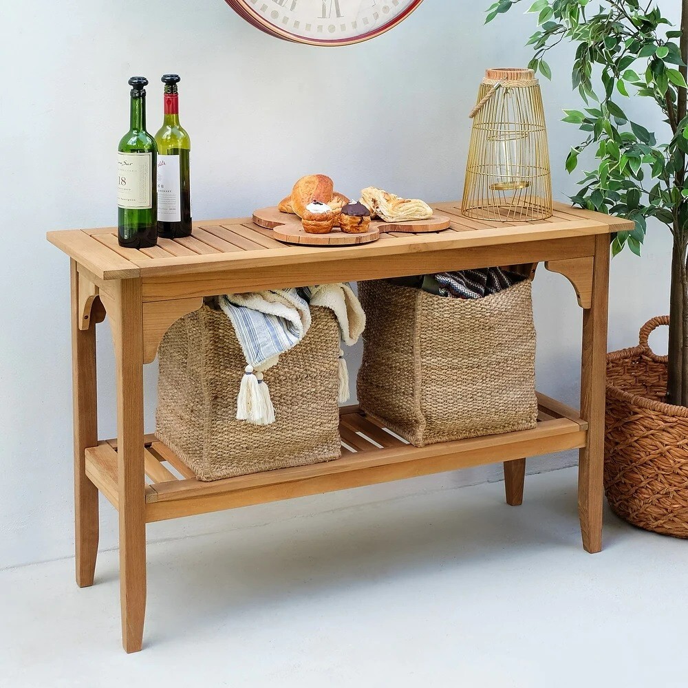 Teak Patio Console Table Wood Outdoor Furniture Natural Porch Side Board Pool