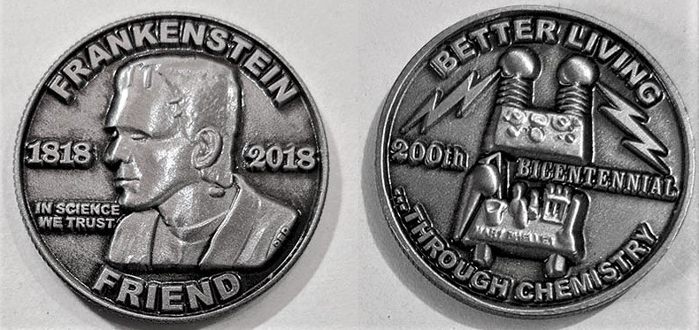 Frankenstein Coin Halloween IRON metal frig magnet 200 years Monster 1818
