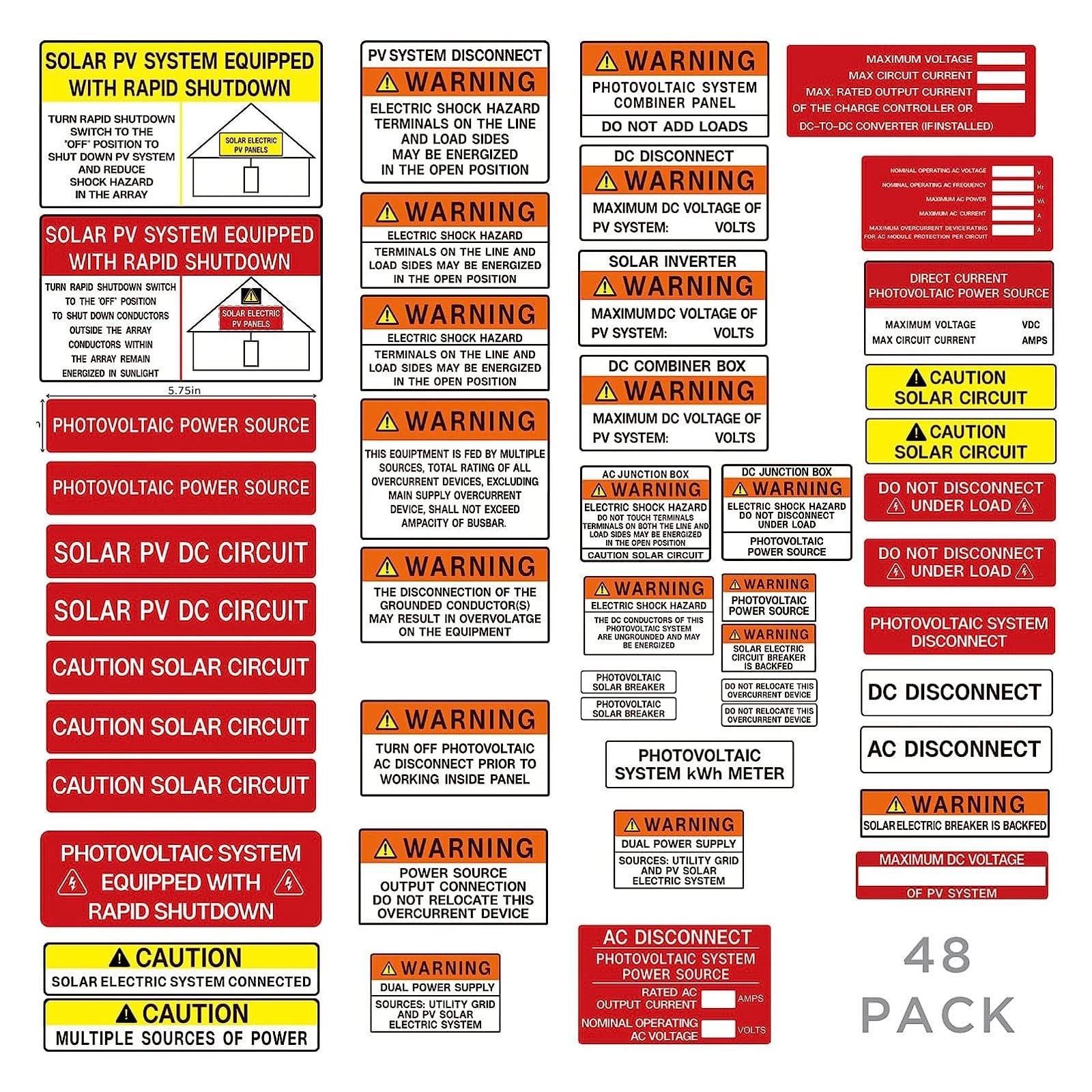 48 Pack PV Solar System Install Label Kit,Photovoltaic Safety Stickers,Nec 2020,
