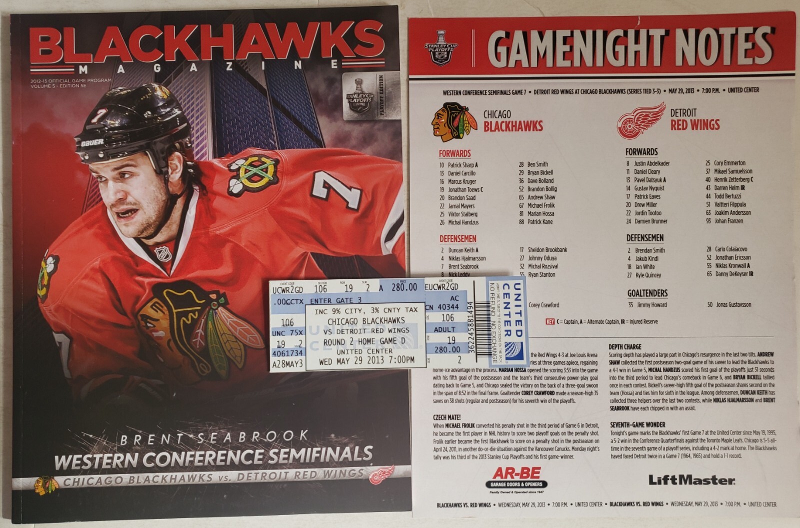 2013 Chicago Blackhawks Detroit Red Wings GM 7 Playoffs Program Ticket Seabrook