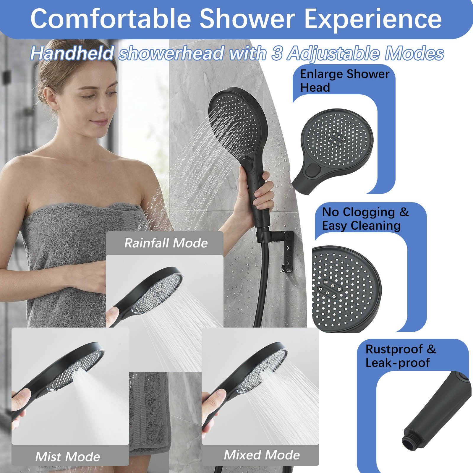 High Pressure Black Adjustable Dual Shower Head with Handheld System for Couples