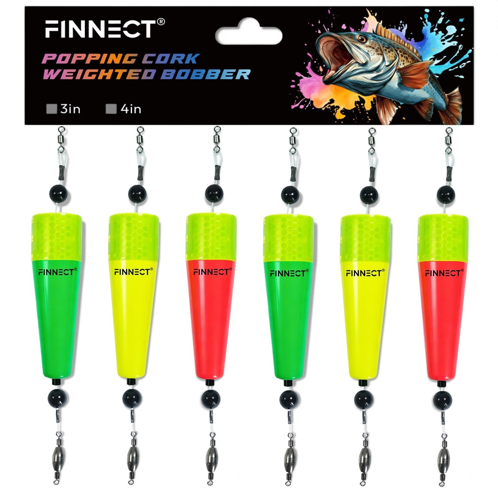 FINNECT 6-Pack Fishing Bobbers Popping Cork Weighted 3in-6 Pack, Mixed color