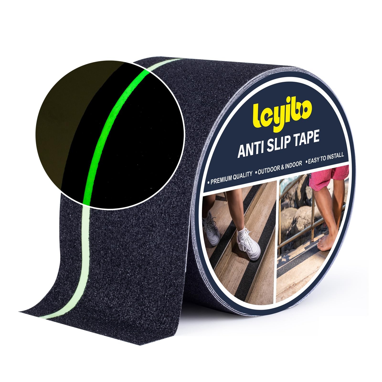 Leyibo Anti Slip Tape with Glow in Dark Stripe for 4" x 42', Black/Green