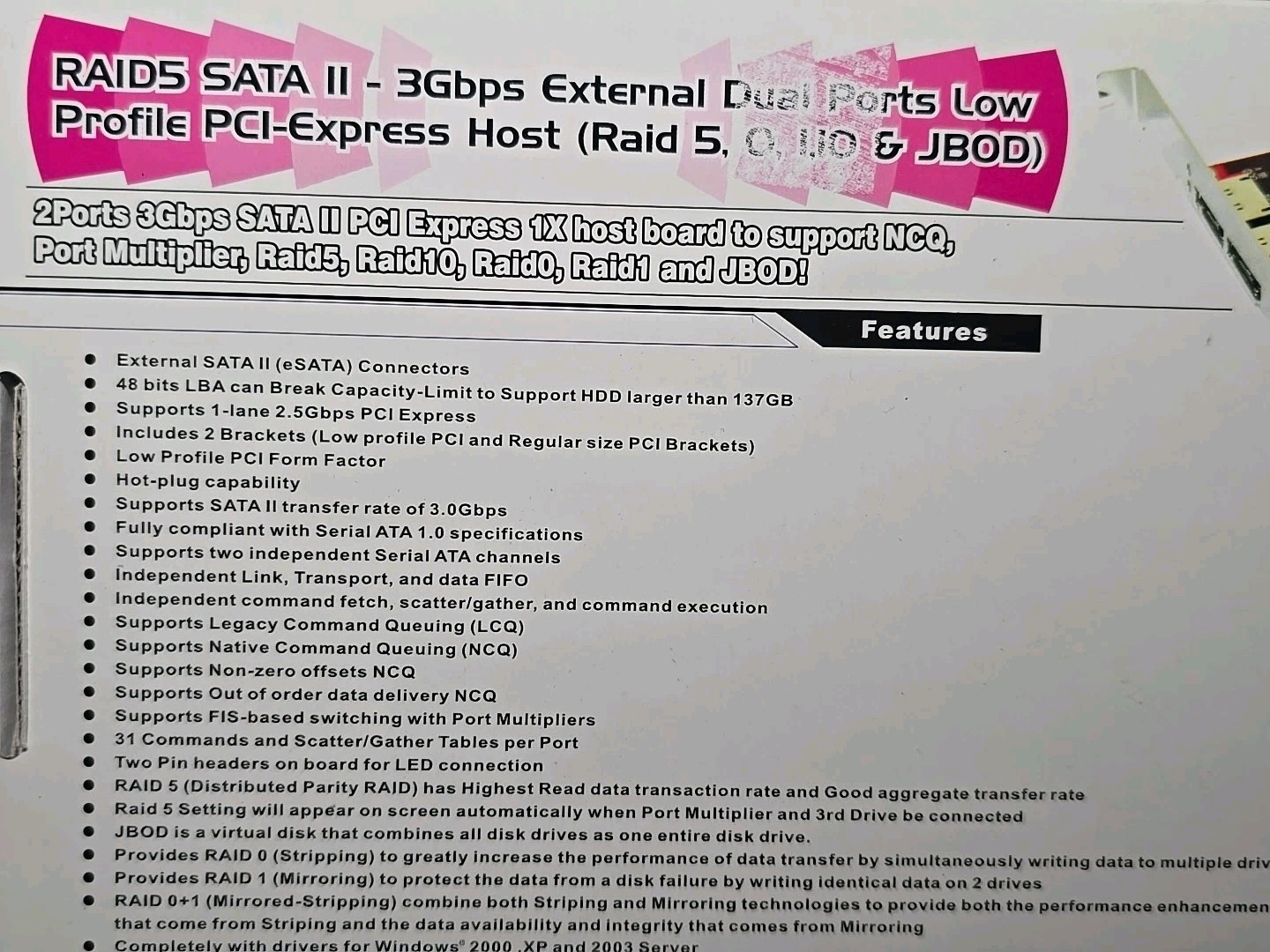 raid5 sata ll-3gbps 1 external & internal 2 ports low profile pci-express host