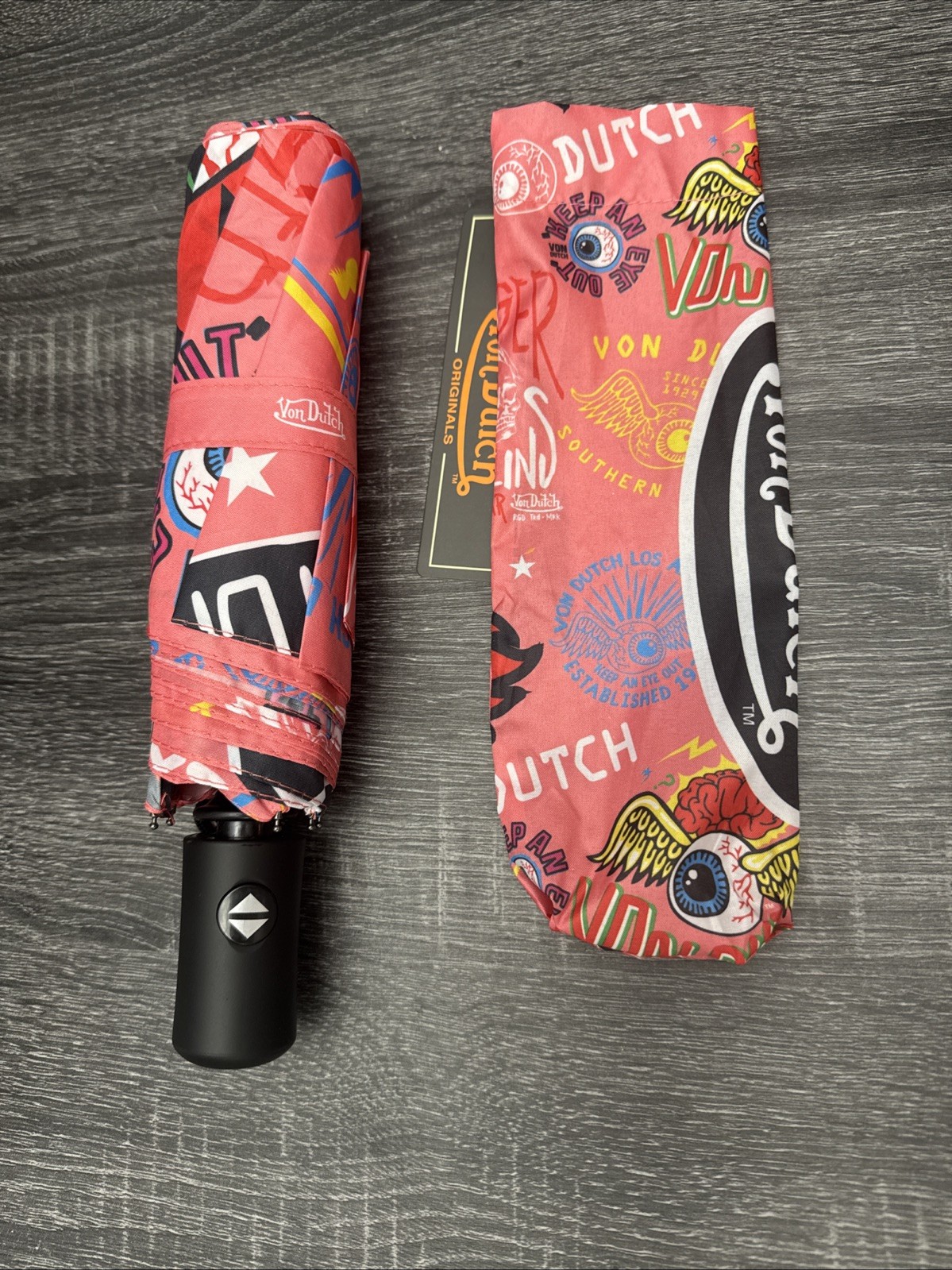 Y2K Von Dutch Graphic Logo Umbrella Flying Eyeball Tattoo Graffiti Designs NWT