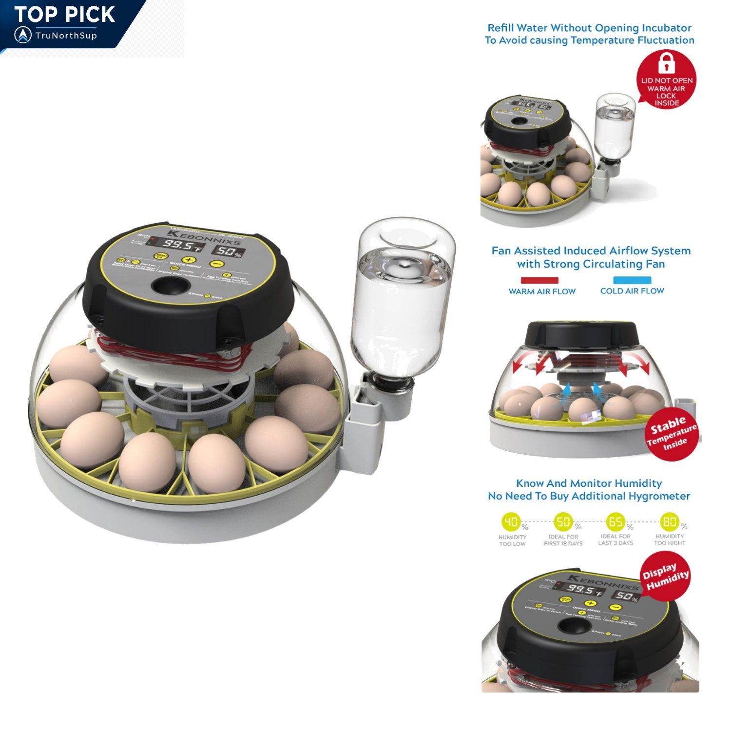 12 Egg Incubator with Humidity Display, Automatic Egg Turner, Built-in Egg Ca...