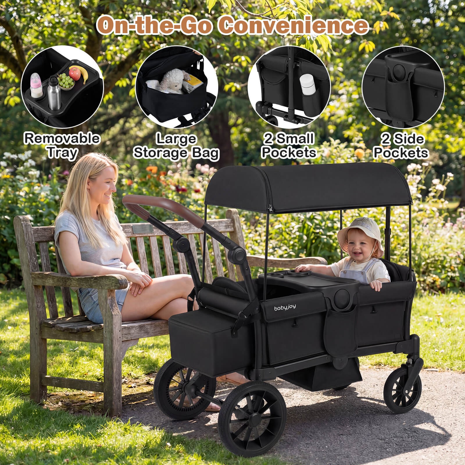 Foldable Wagon Stroller for 2 Kids, Double Seater Toddler Stroller w/ Canopy