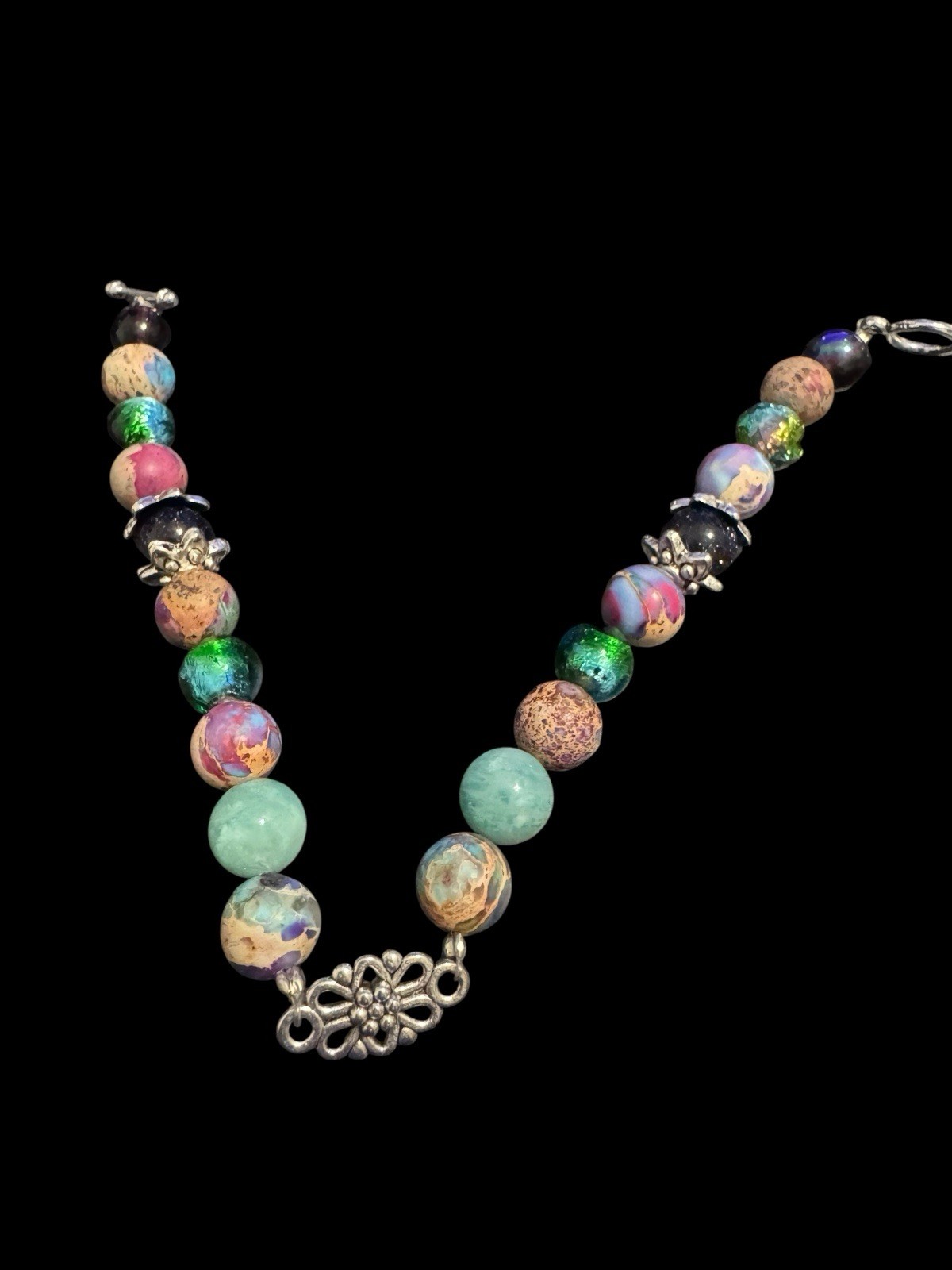 Colorful Pastel Handmade 8" Toggle Clasp Jasper Goldstone Bracelet J7