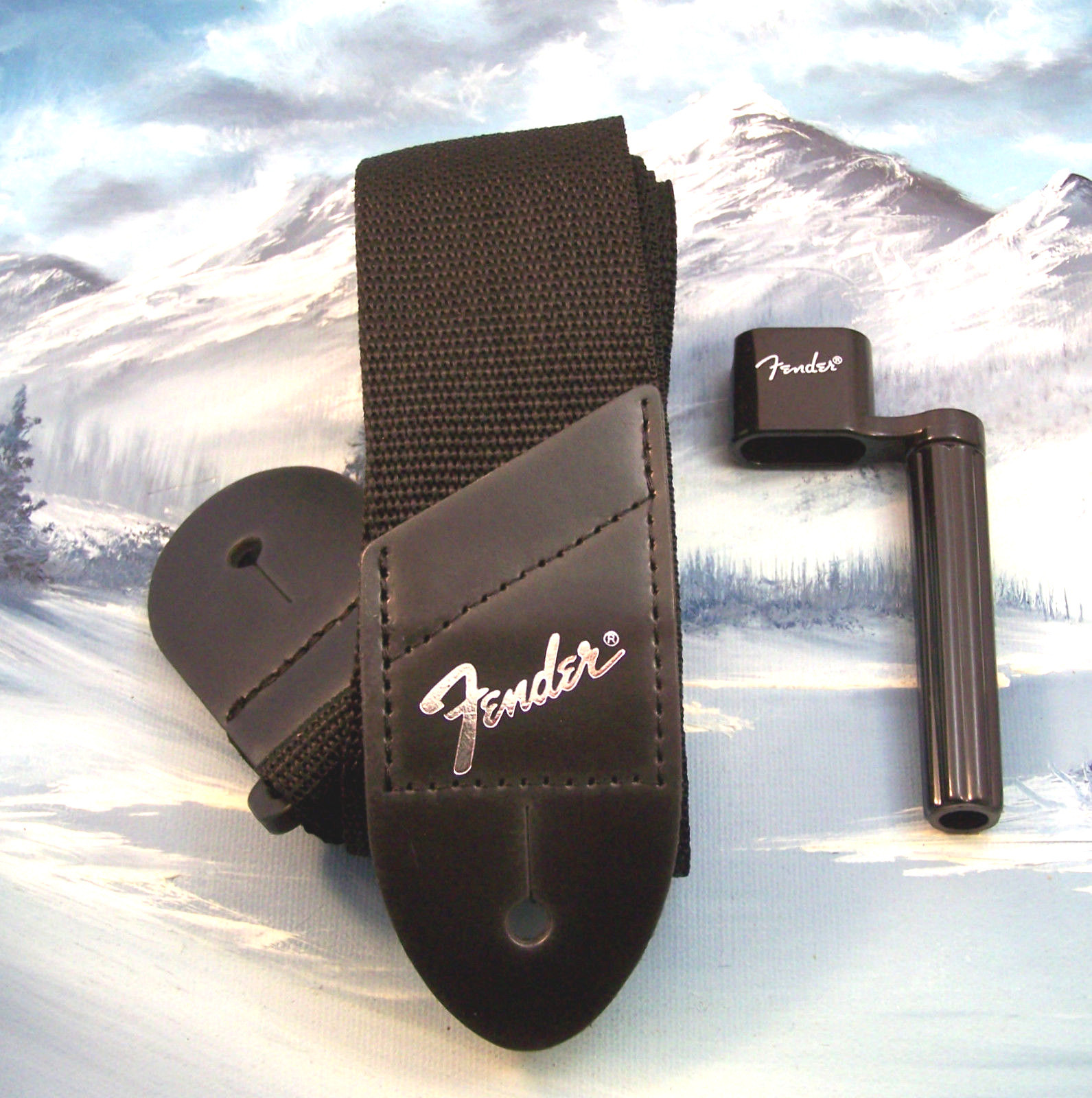 GENUINE FENDER ~ SILVER LOGO GUITAR STRAP + STRING WINDER