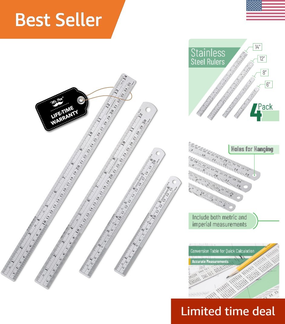 Professional 4-Piece Stainless Steel Ruler Set - 6-14 Inch Precision Tools