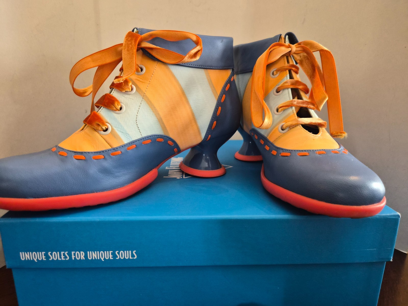 John Fluevog Investigators Ankle Boots Blue with Orange/White Stripe Wms 8