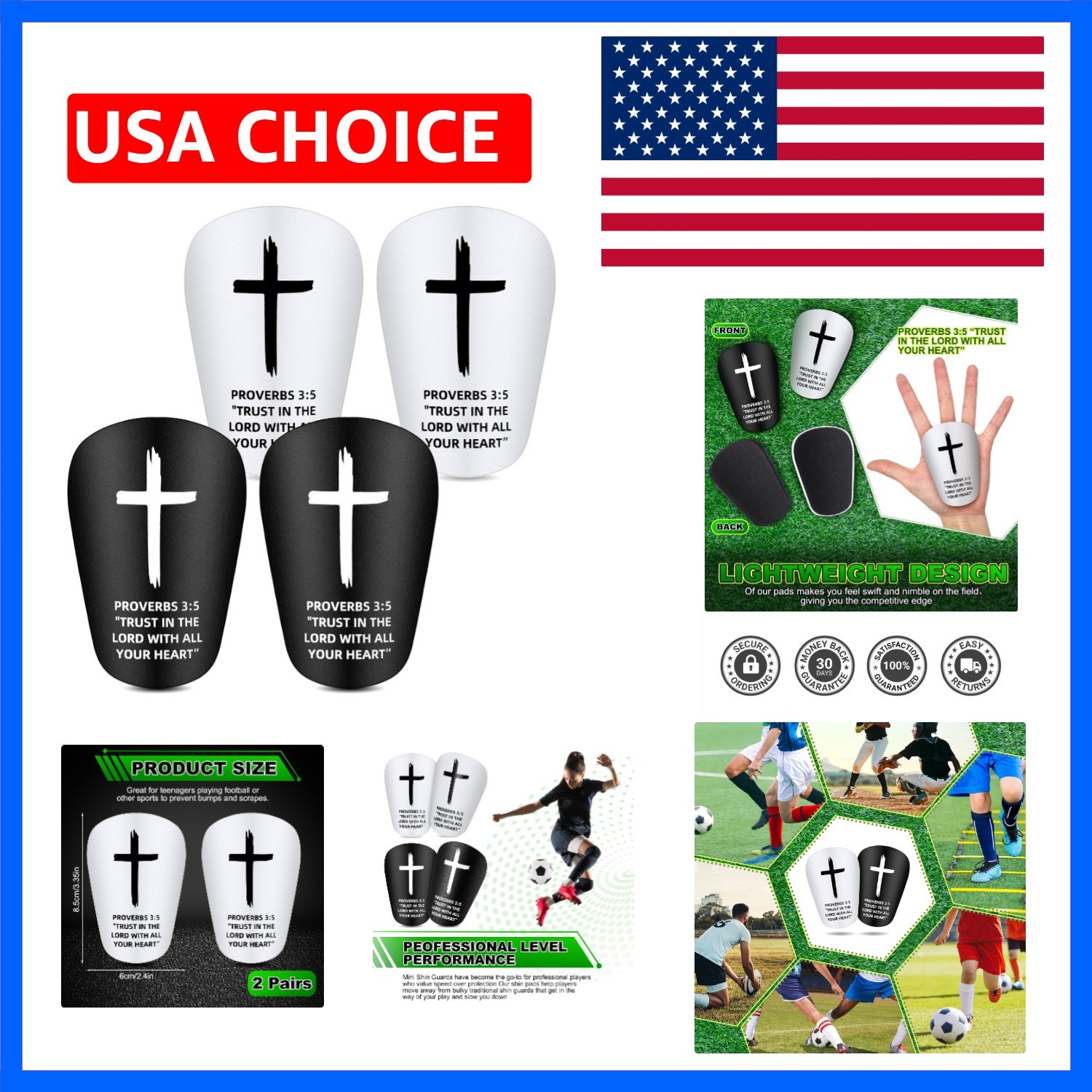 2 Pairs Mini Soccer Shin Guards Christian Faith Cross Small Shin Guards with ...