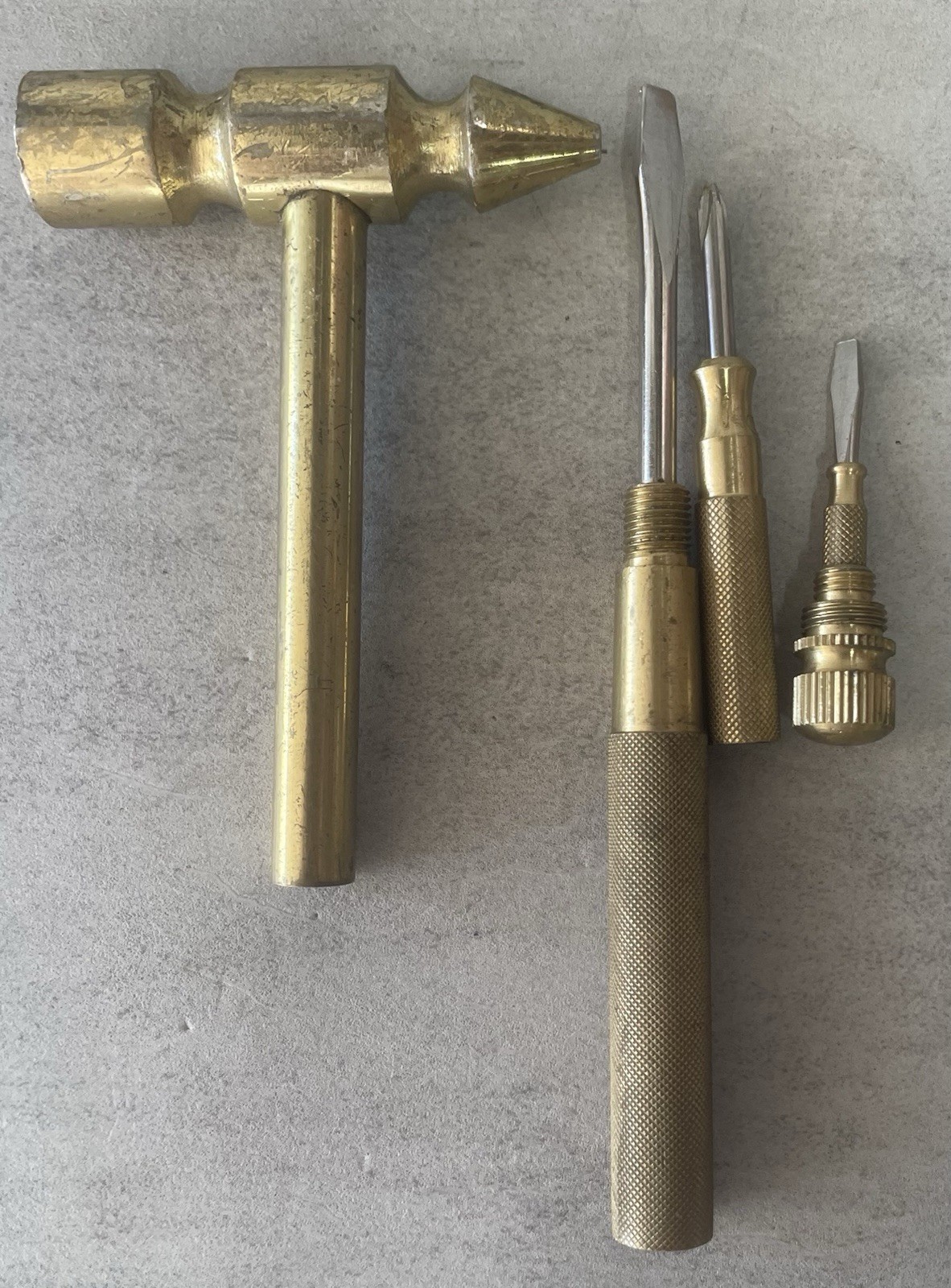 Vintage Brass Mini Hammer Multi Tool with 3 Nesting Flathead Screwdrivers