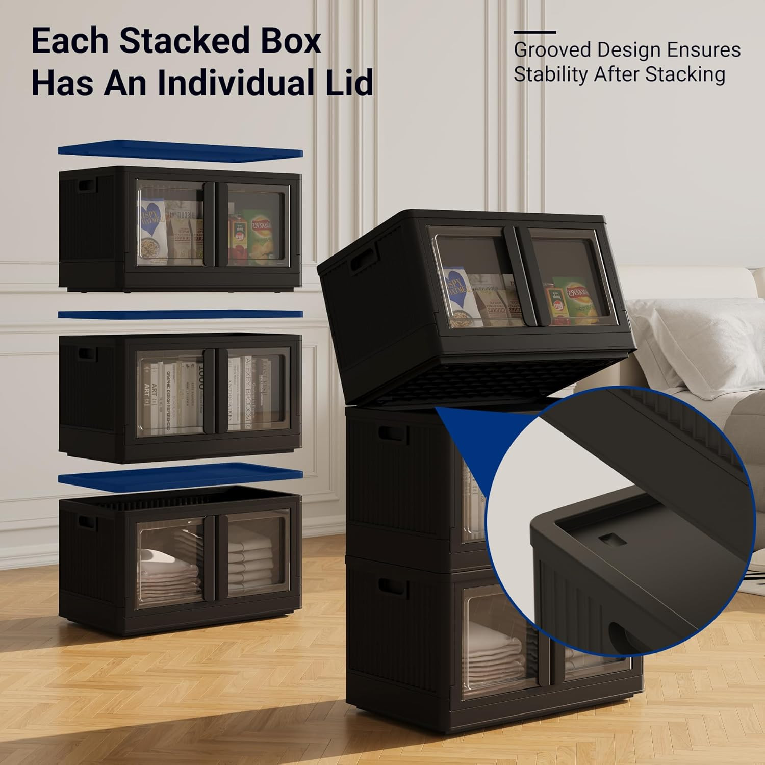 FLEXIMOUNTS 228 QT Stackable Storage Bins with Lids, Collapsible Plastic Storage