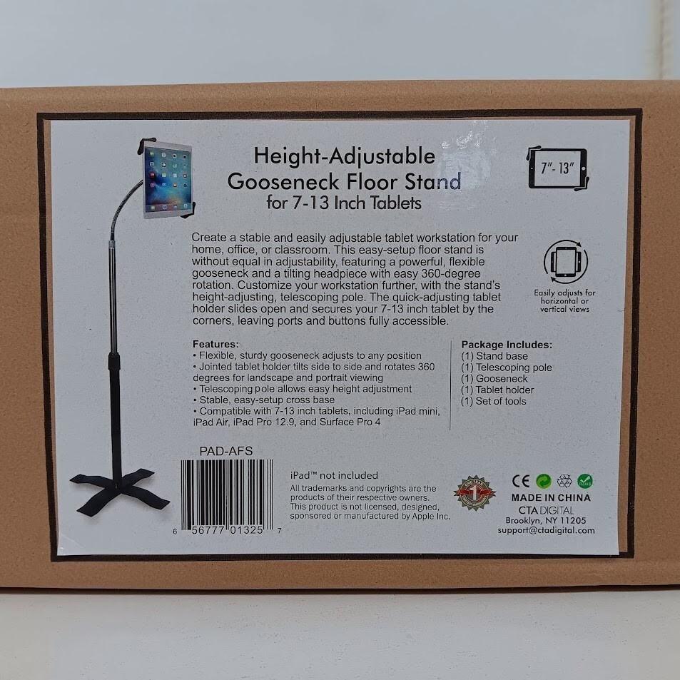 PAD-AFS 360 Height-Adjustable Gooseneck Floor Stand For Tablets 7-13" New Sealed