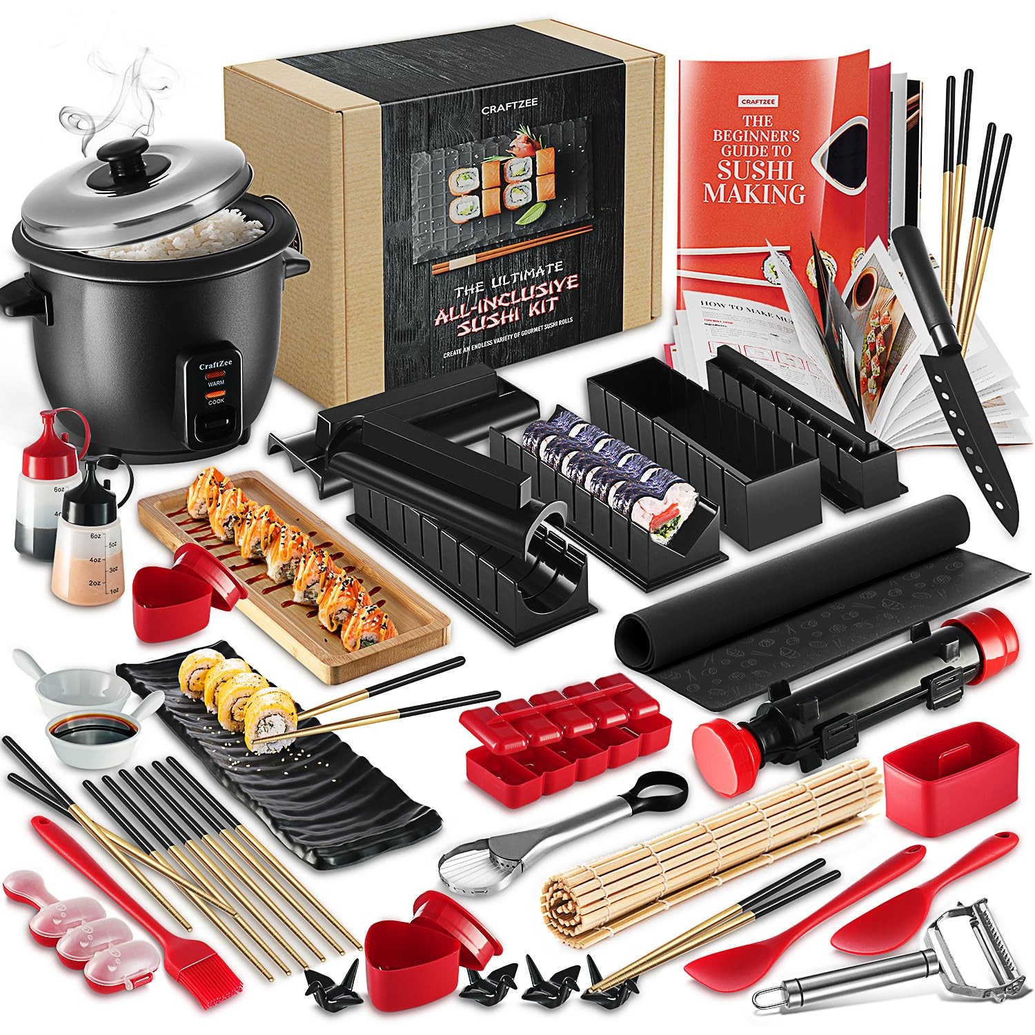 CraftZee Sushi Making Kit - Complete Maker with Bazooka Red/Black