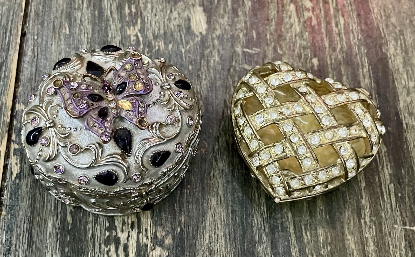 2 Bejeweled Enameled Trinket Boxes Heart Lattice & Purple Butterfly Round