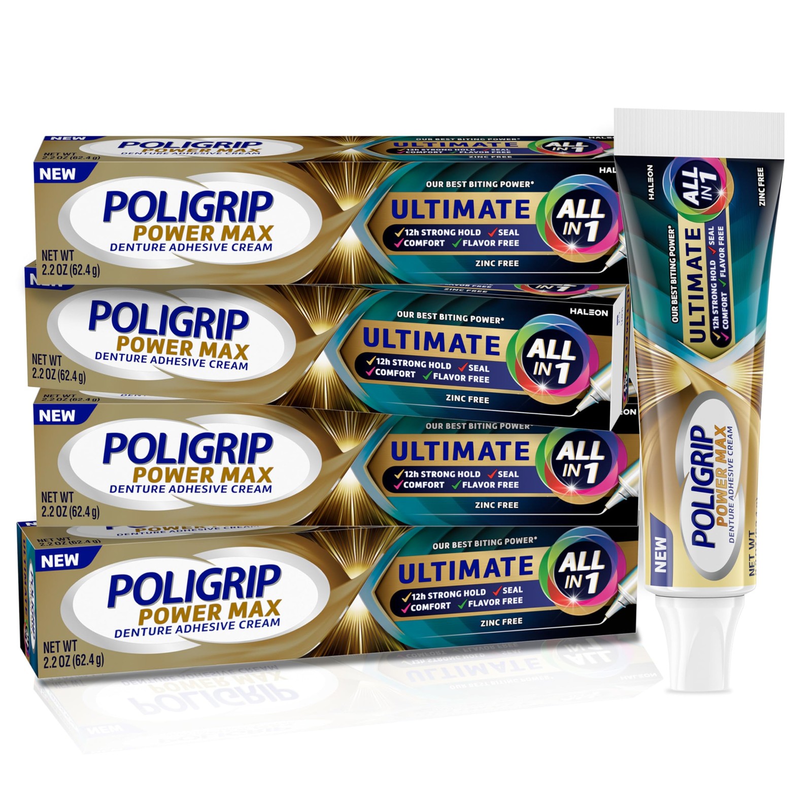 Poligrip Power Max Ultimate Allin1 Denture Adhesive Cream, Zinc Free, 2.2 oz ...