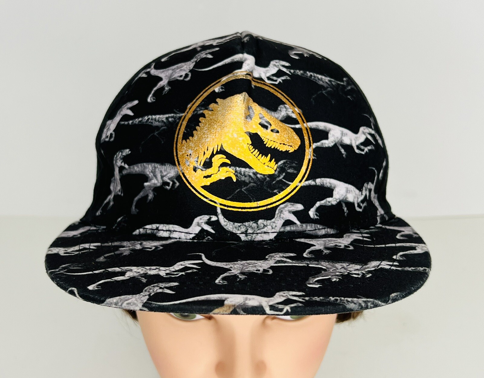 Jurassic World One Size Snapback Youth Hat Dinosaur Black w/Gold Logo *NO Stains