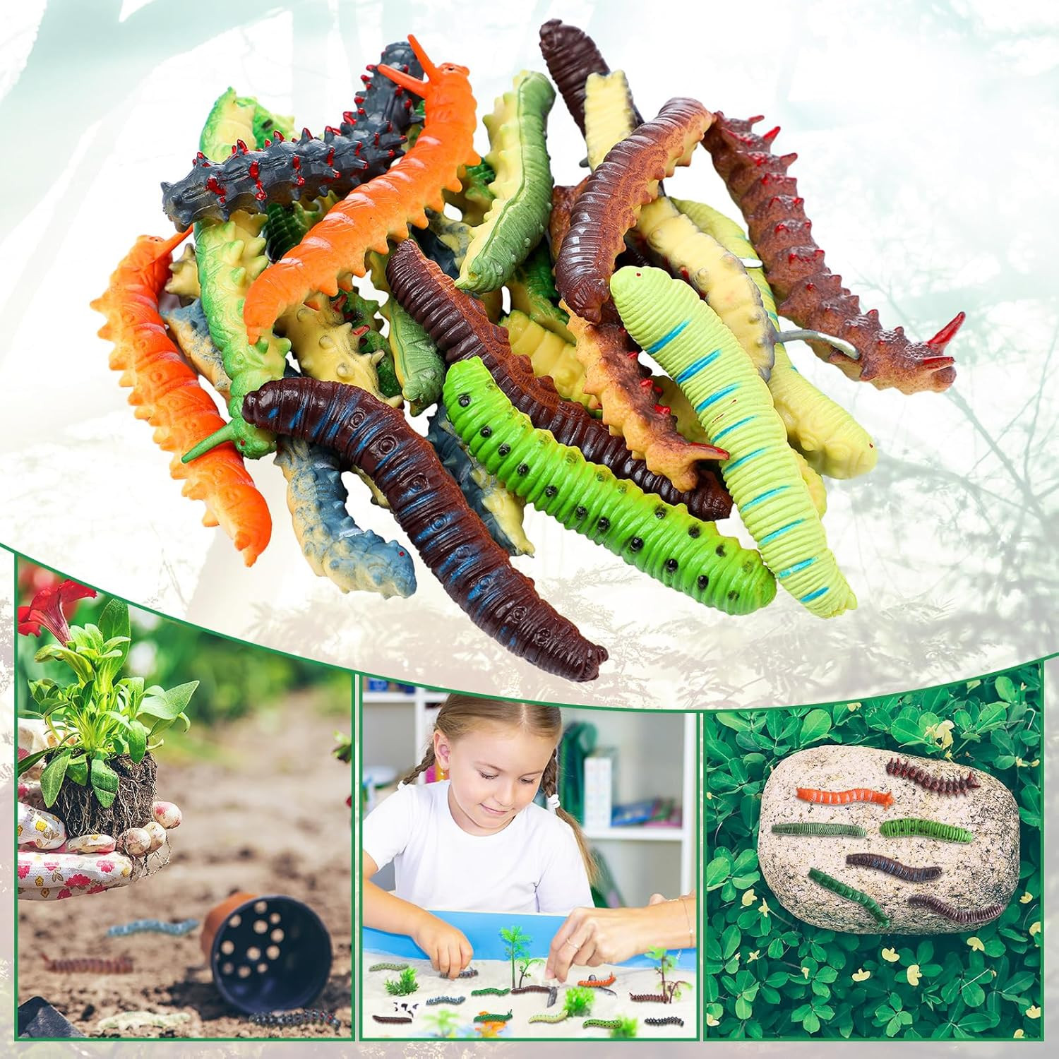 24 Pcs Simulation Caterpillar Fake Worm Crawling Insects Educational Learning Ac