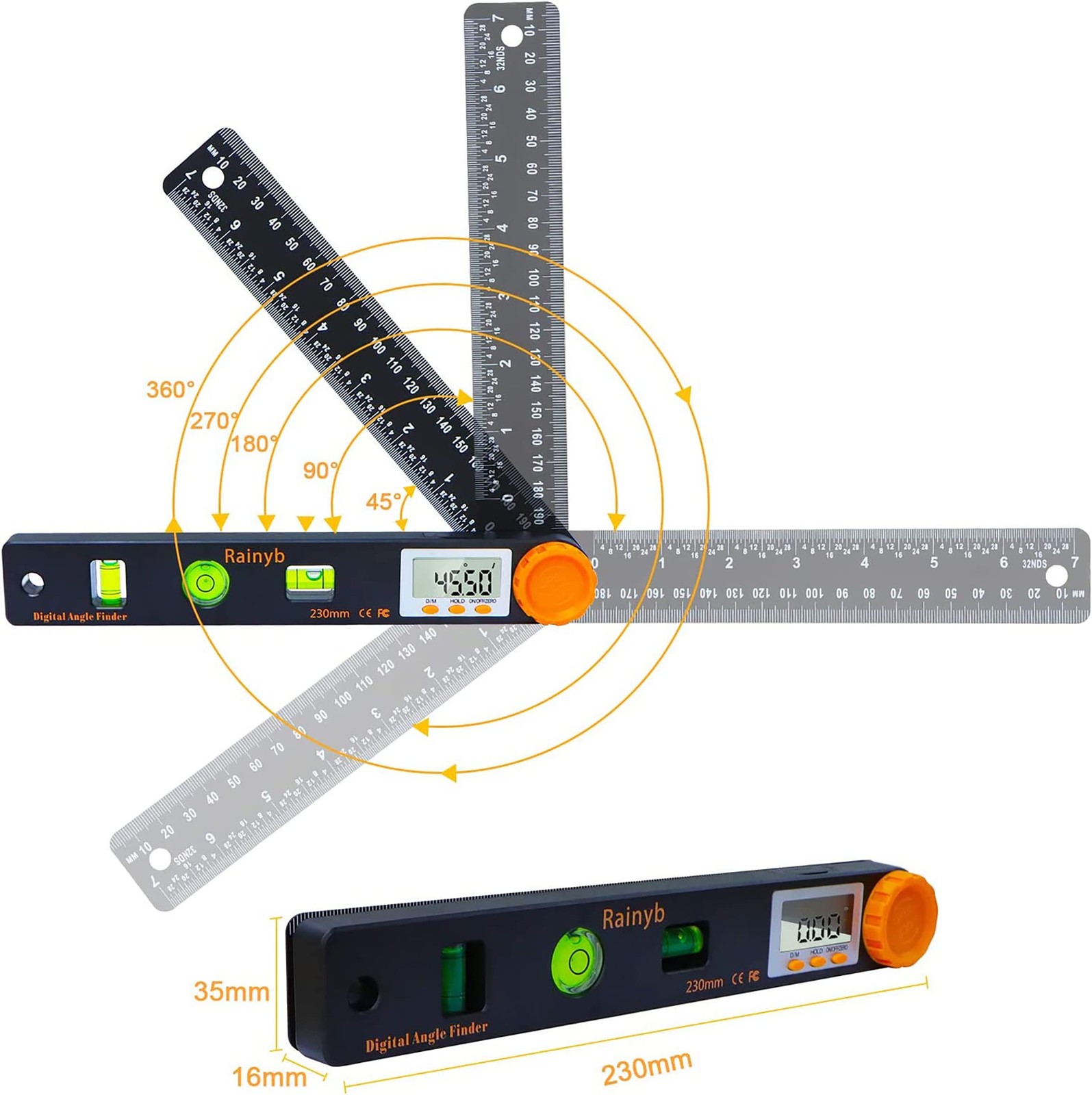 Rainyb Digital Angle Finder Tool 7inch 0-360 degree LED Digital Protractor wi...