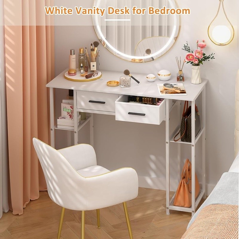 Modern Computer Desk W/ Storage Shelves Fabric Drawers Wood Metal Frame New
