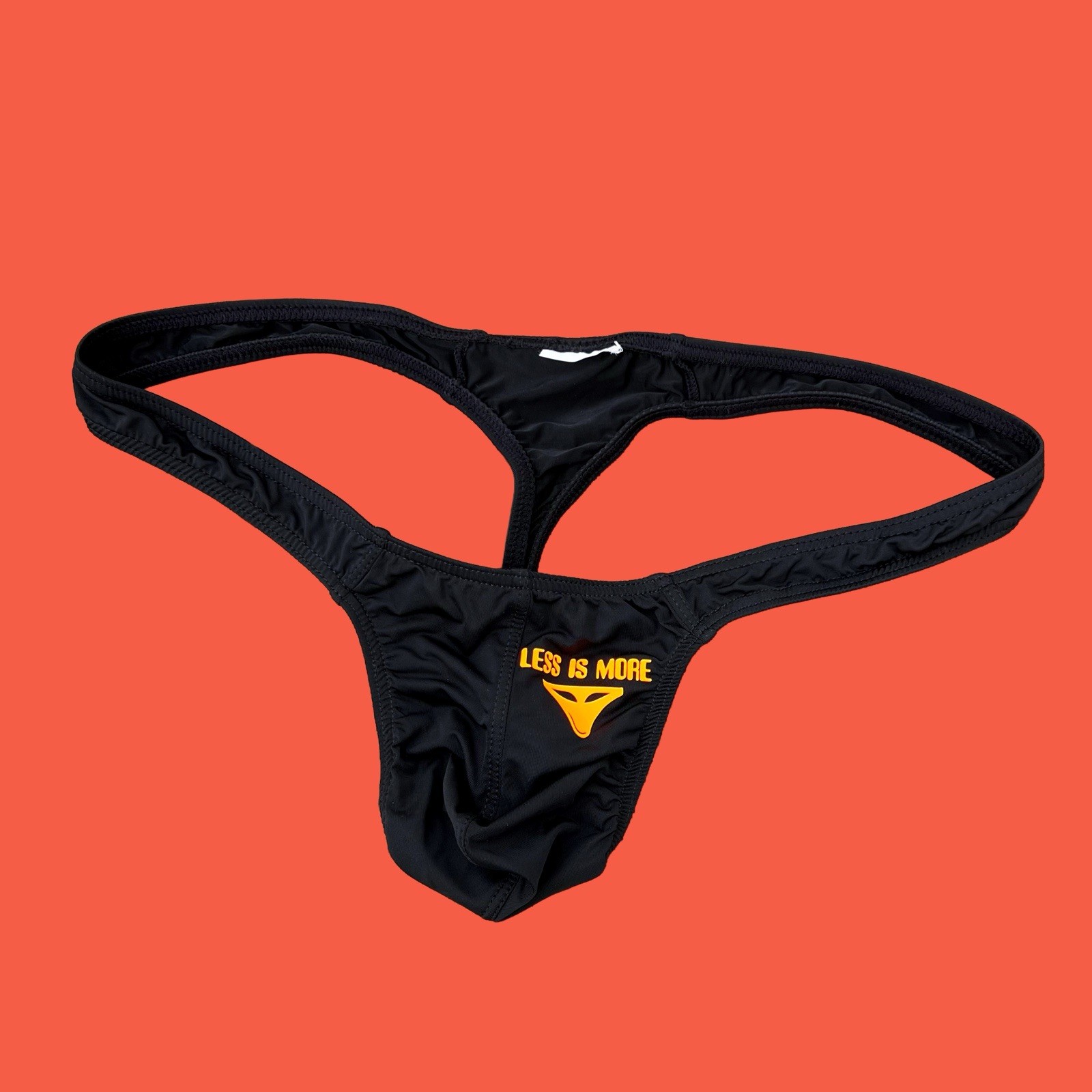 H.E.Arts LESS IS MORE front logo custom Print Mens black nylon thong underwear