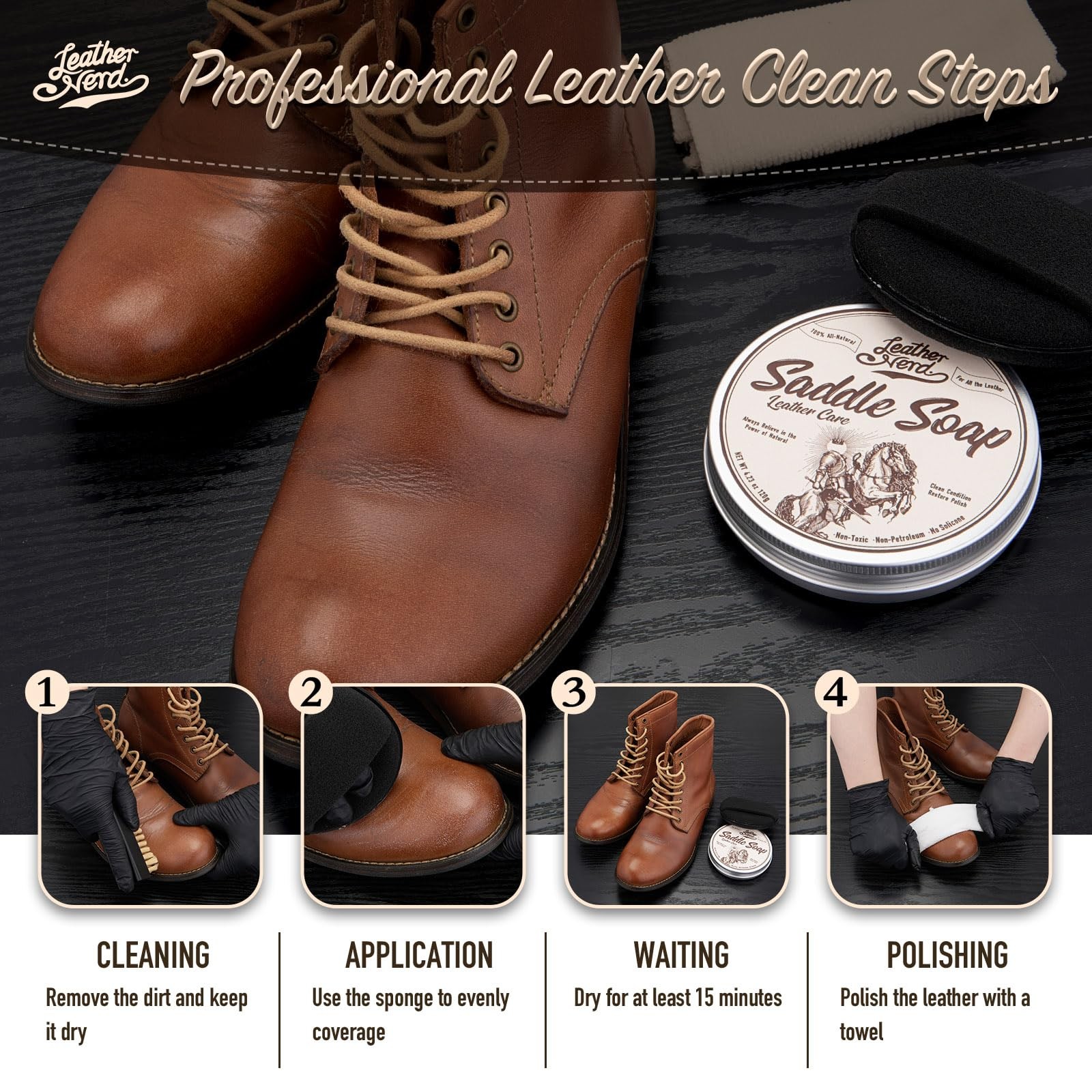 Saddle Soap for Leather, Leather Nerd 4.23 Oz Kit, White